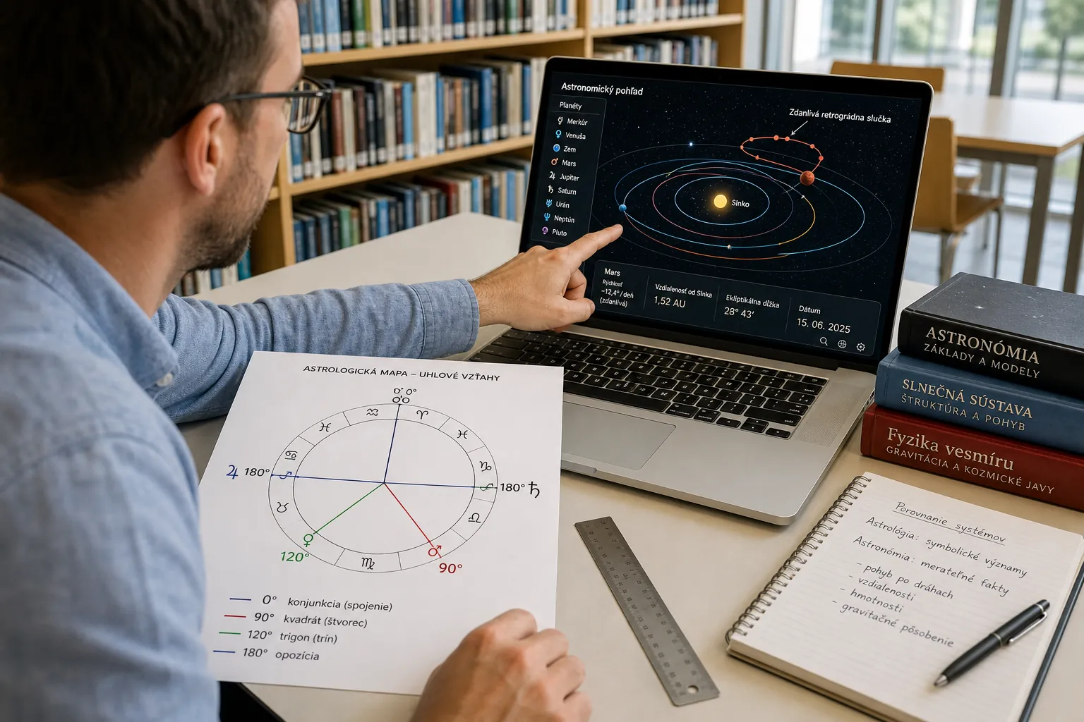 reader comparing an astrological chart with astronomical data