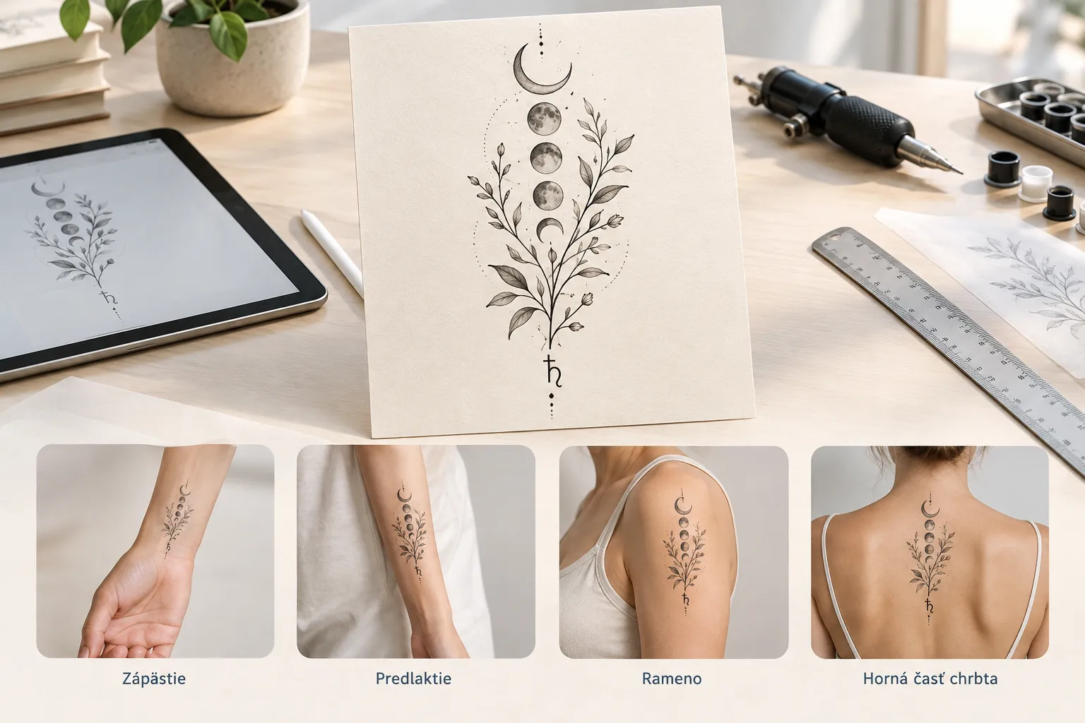 bright tattoo studio artist creating lunar botanical design