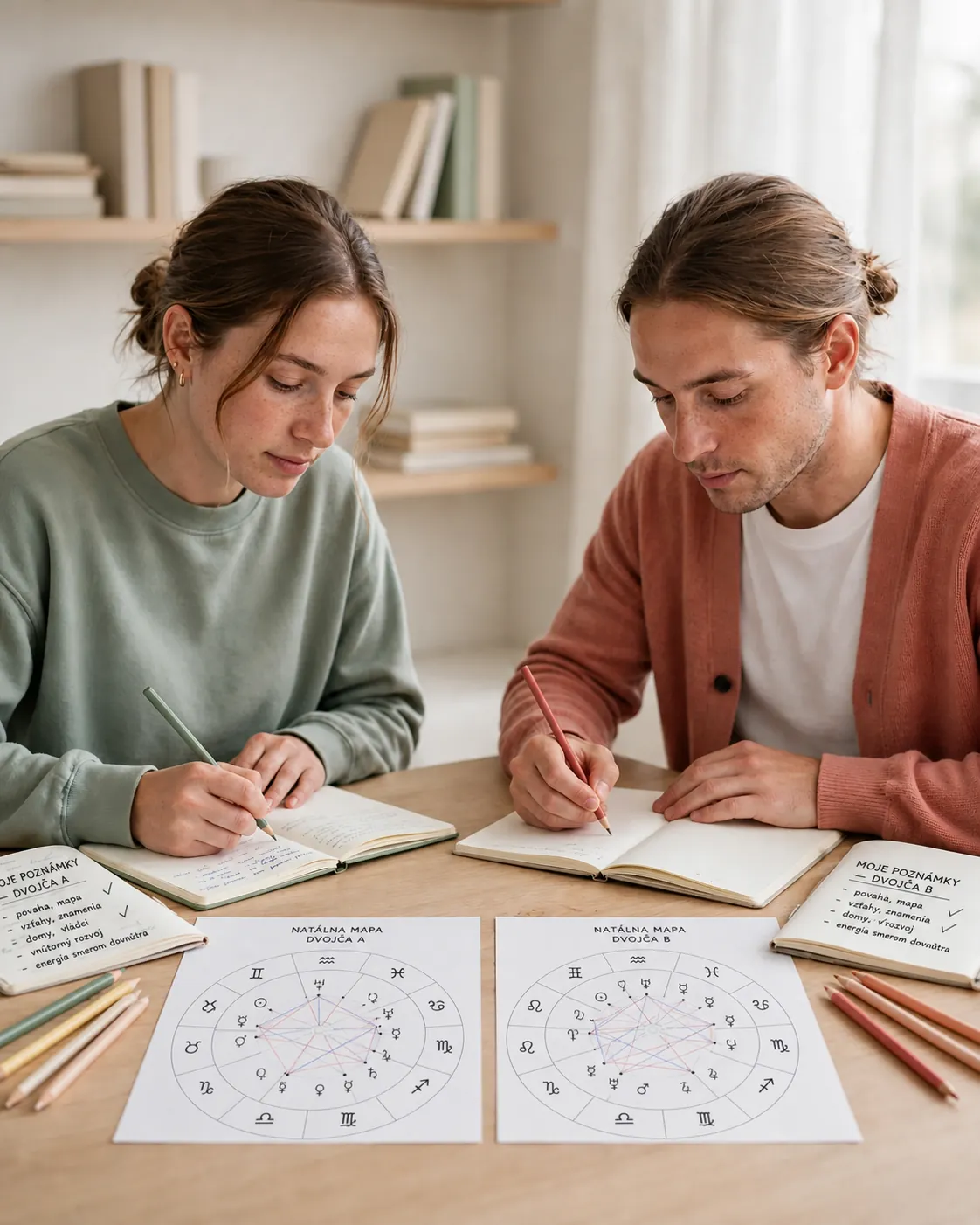 twin siblings comparing birth charts at a bright desk