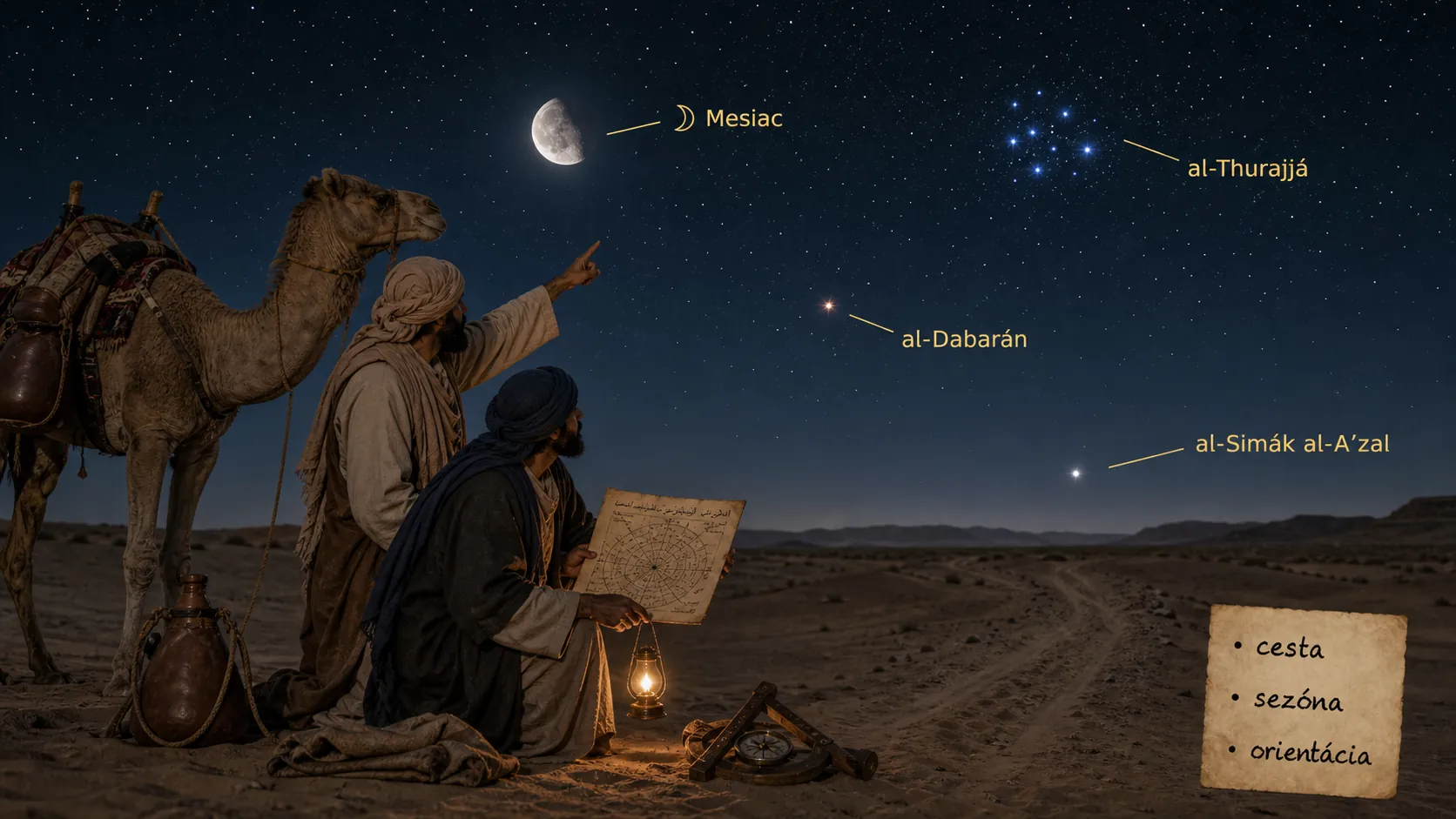 traveler navigating by moon and stars in desert