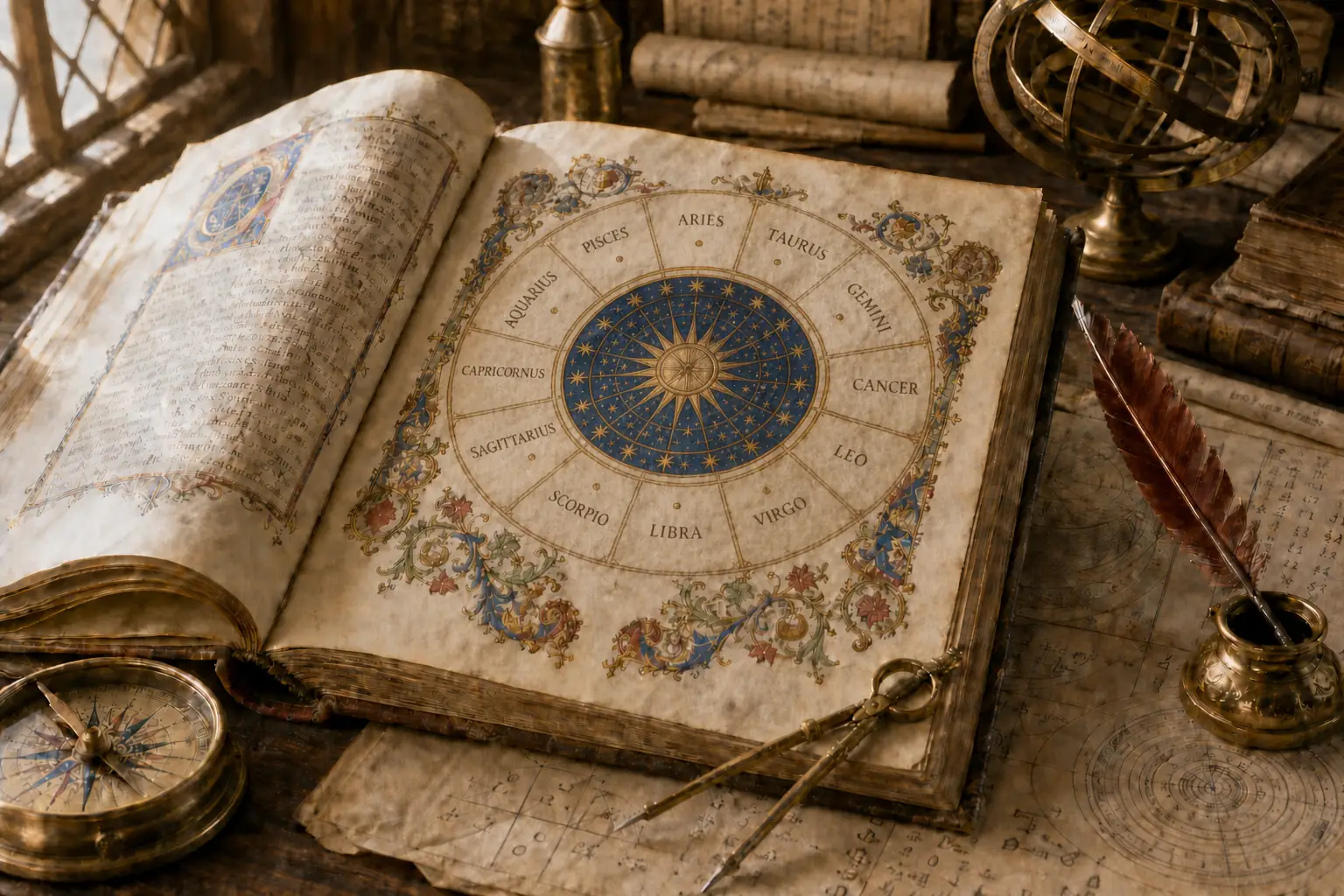 renesančný rukopis s astrologickým kruhom a britskou korunou