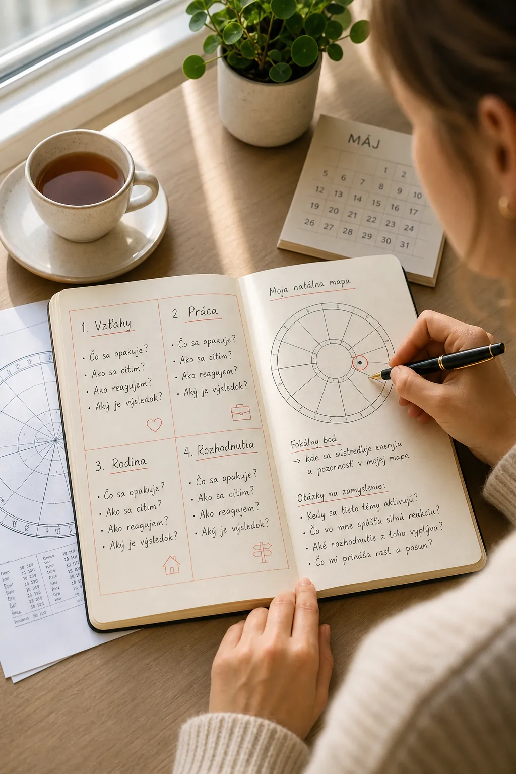 person reflecting on recurring life themes with natal chart notes