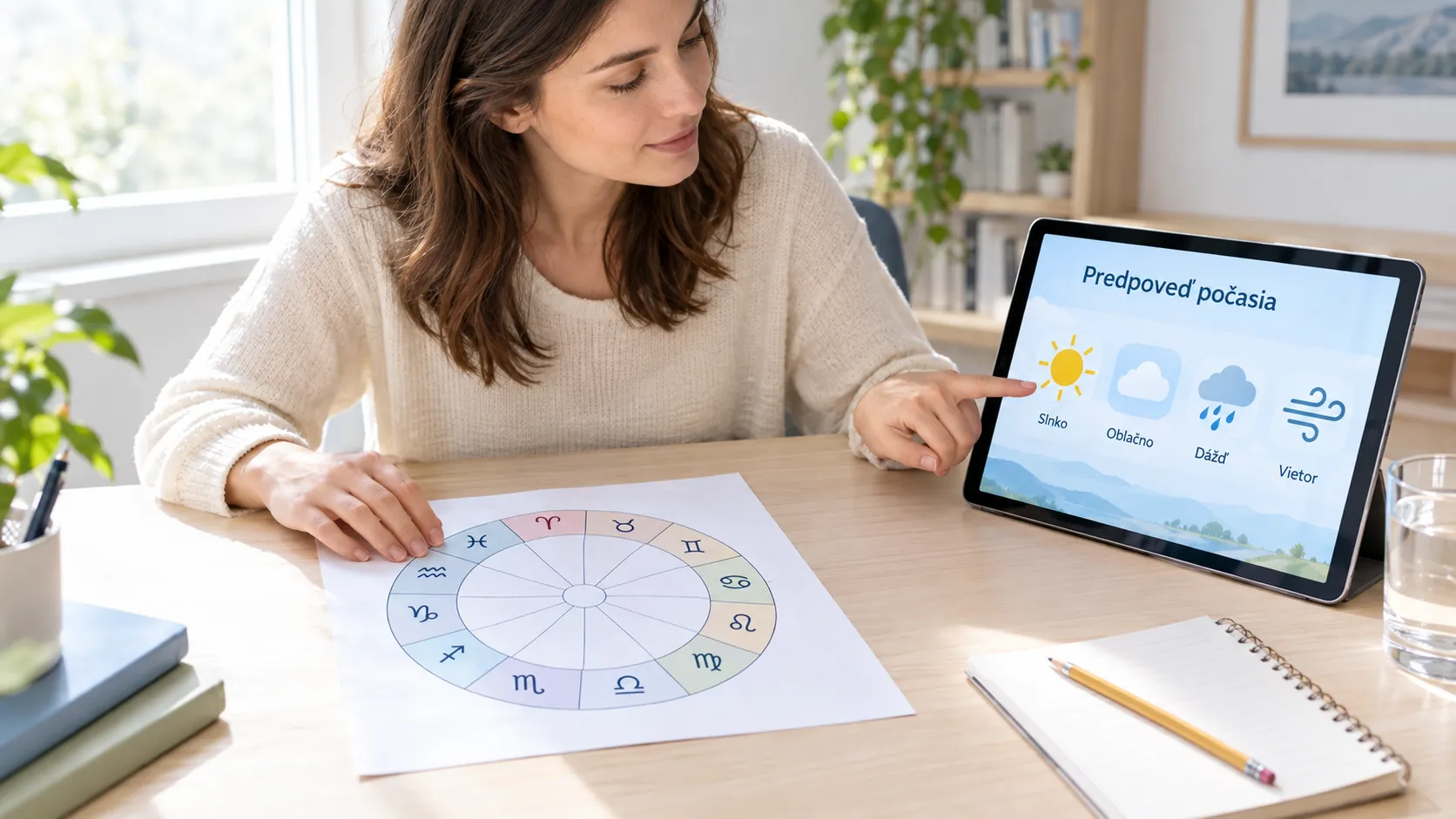 person comparing a birth chart with a weather forecast screen