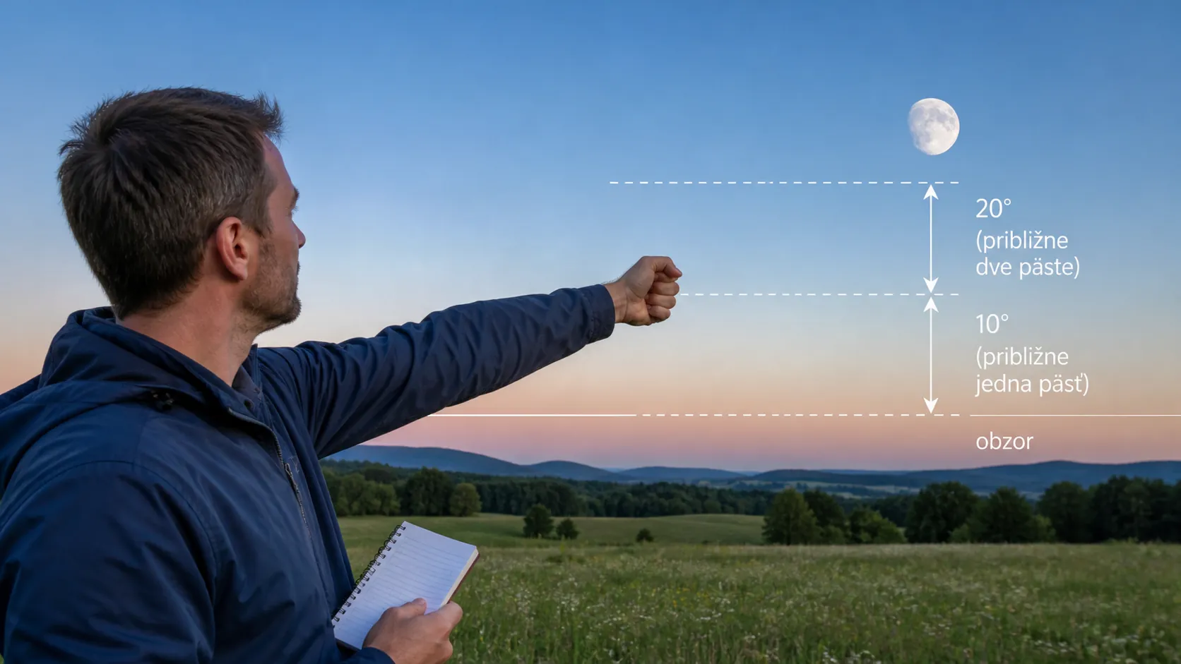 observer measuring the Moon above the Slovak horizon with a fist