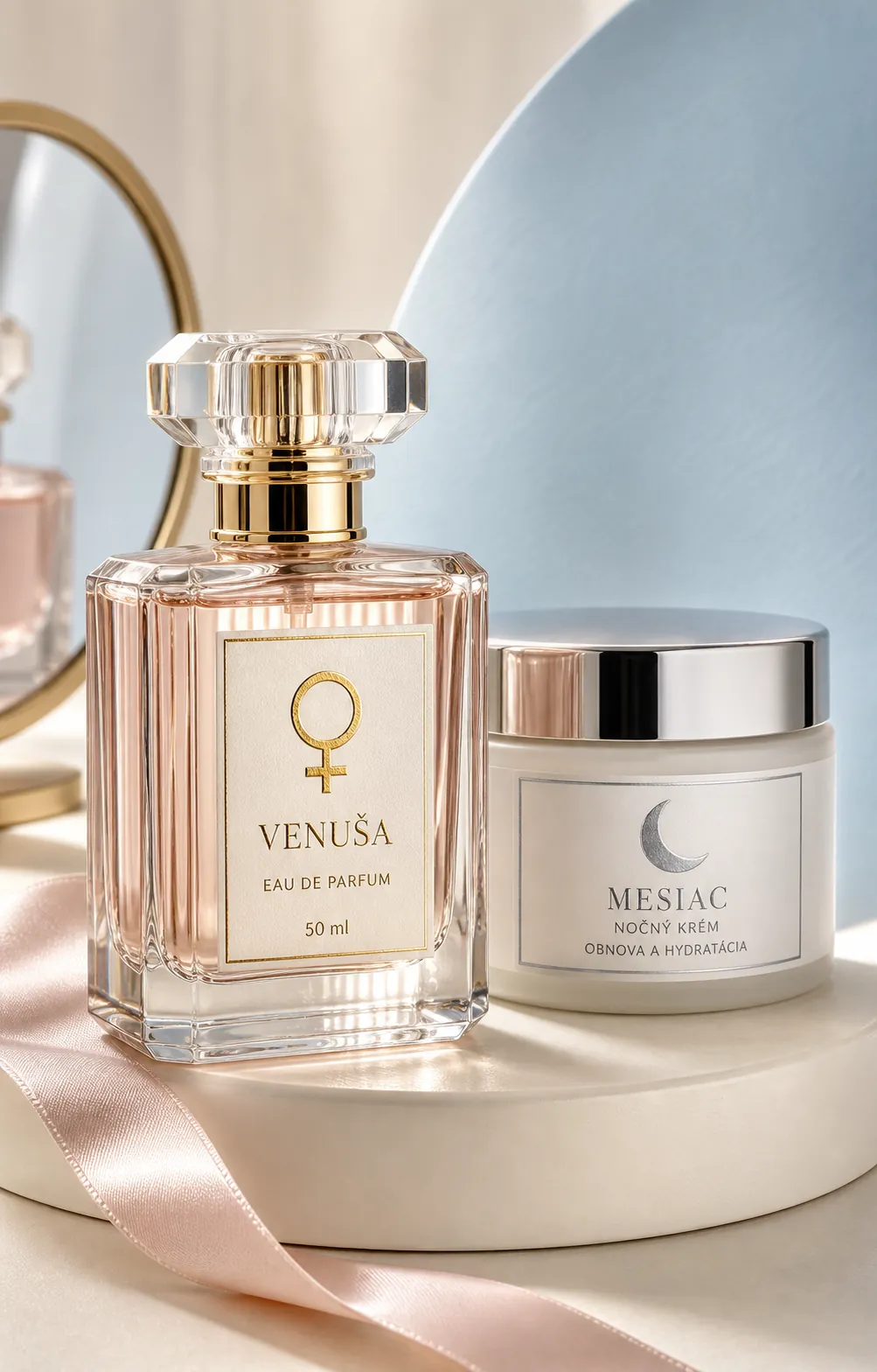 bright beauty product packaging with Venus and Moon symbolism