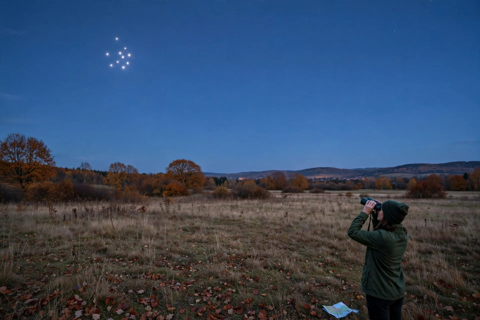 bright view of the Pleiades star cluster above a rural autumn landscape