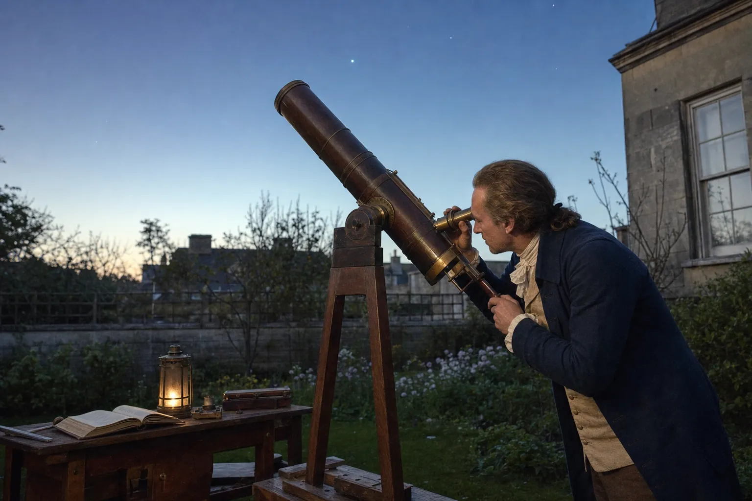William Herschel pozorujúci Urán historickým ďalekohľadom