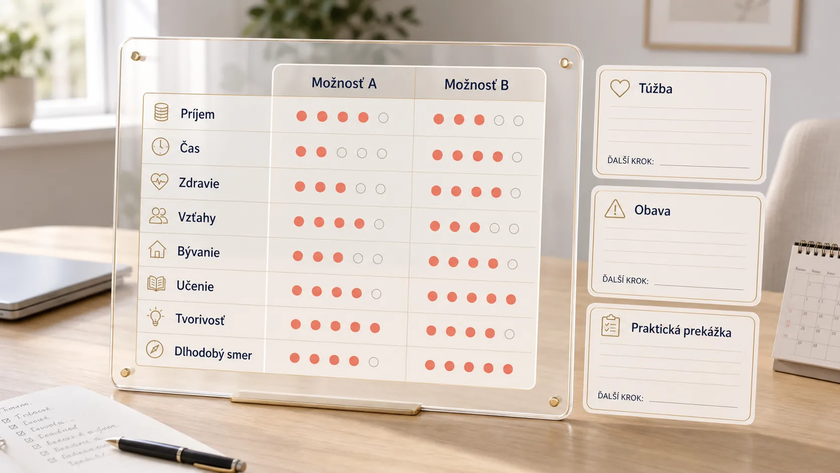 two-option decision matrix in a bright workspace