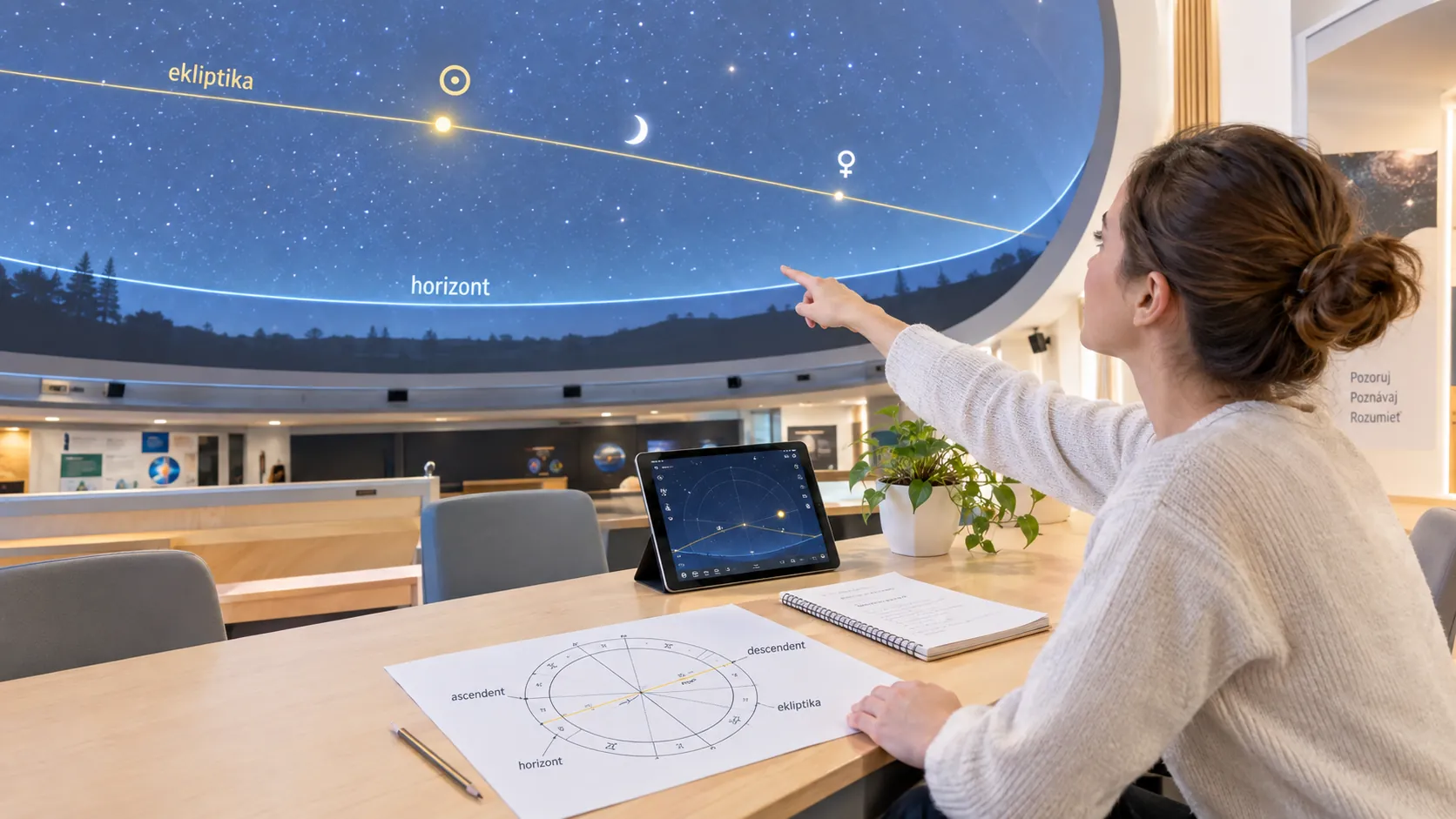 visitor comparing a personal birth chart with a planetarium sky projection