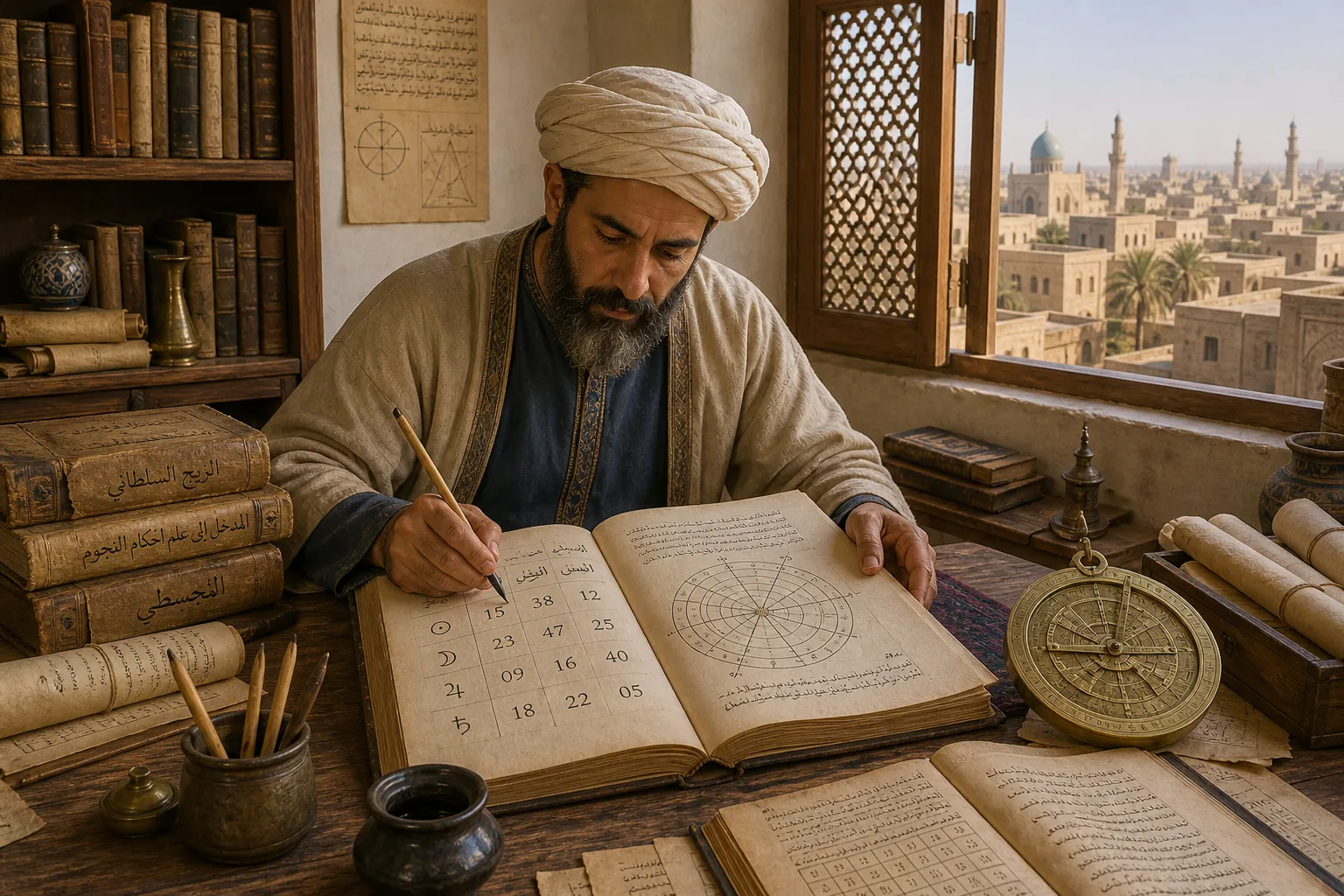 Baghdad scholar calculating a horoscope in the ninth century