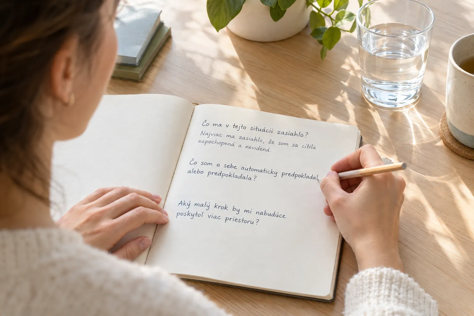 person writing reflective questions in a sunlit notebook