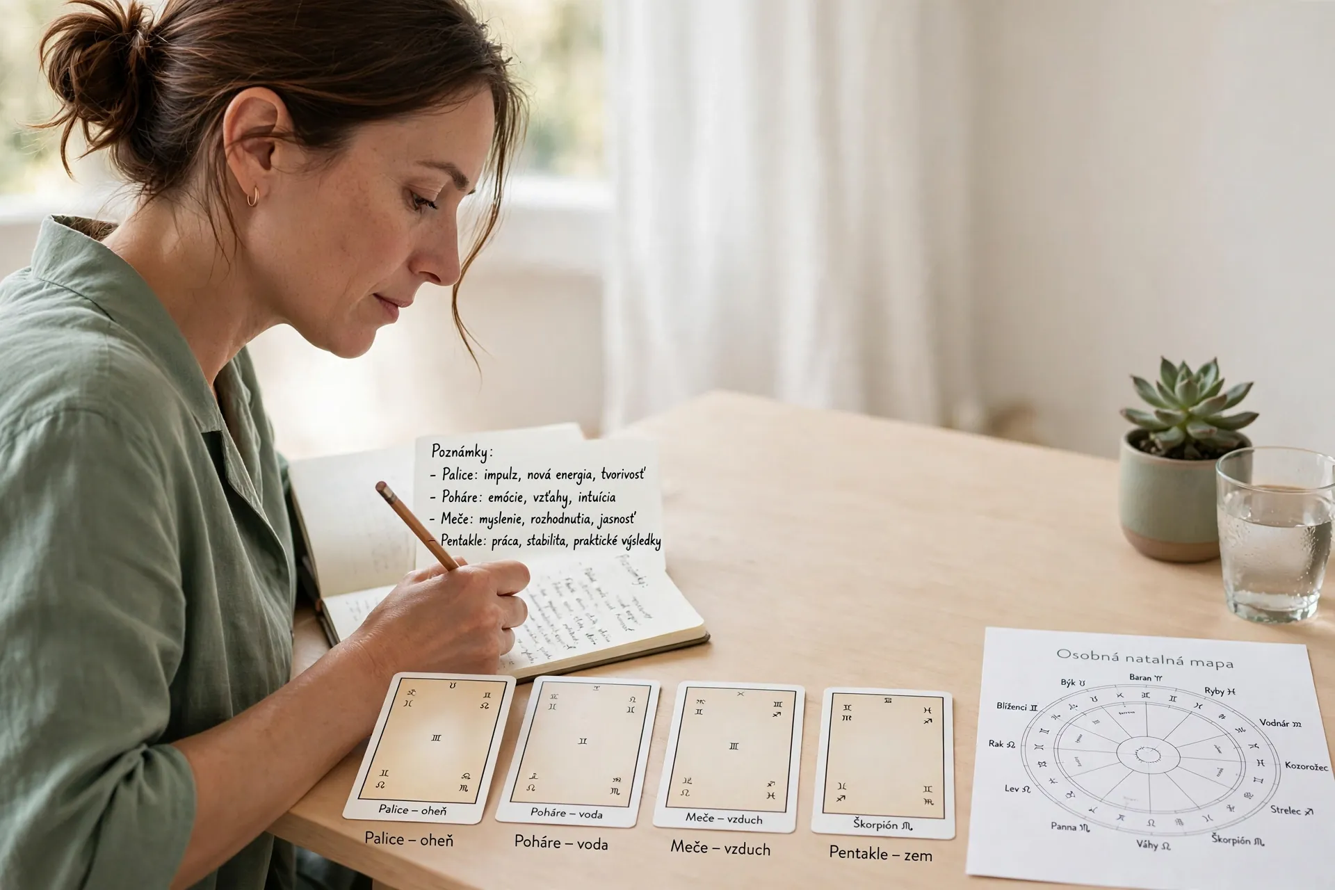 person comparing tarot cards with a personal birth chart in a bright workspace