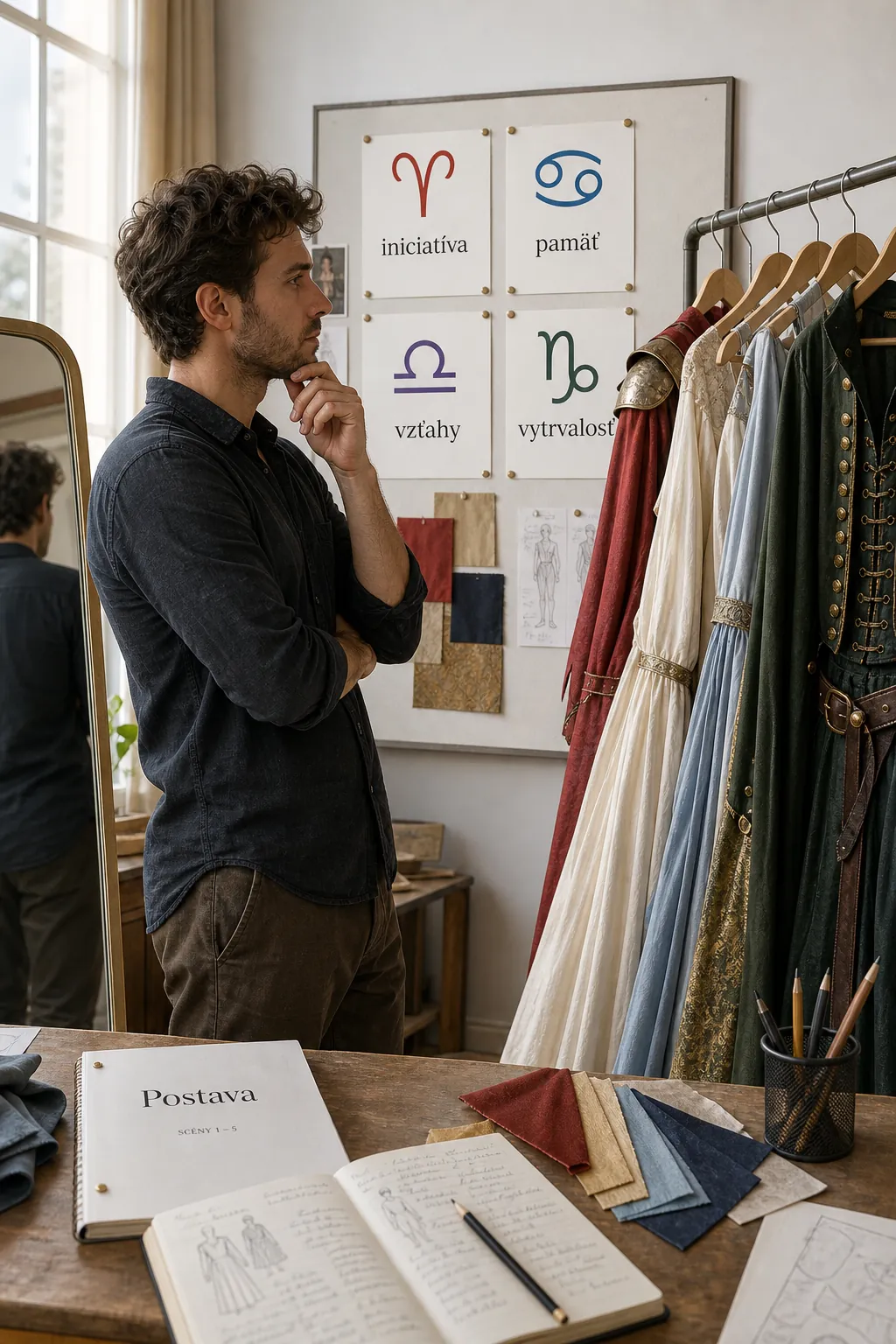actor reflecting beside a zodiac costume rack