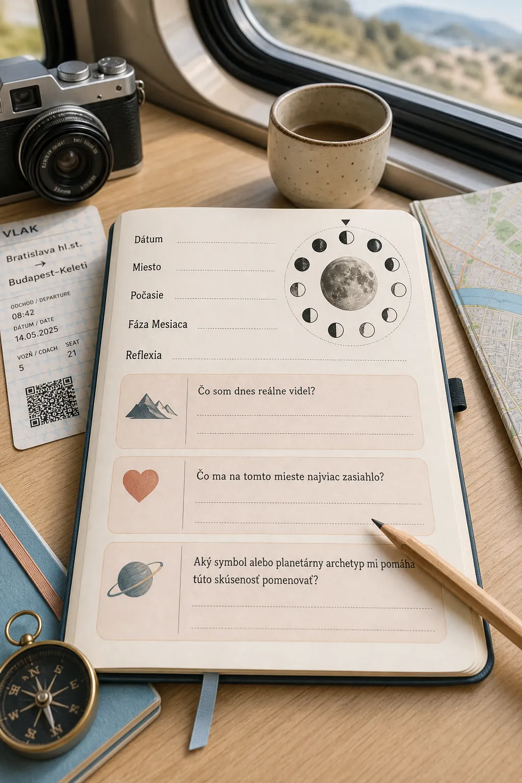 modern travel journal with moon phase tracker and reflective prompts