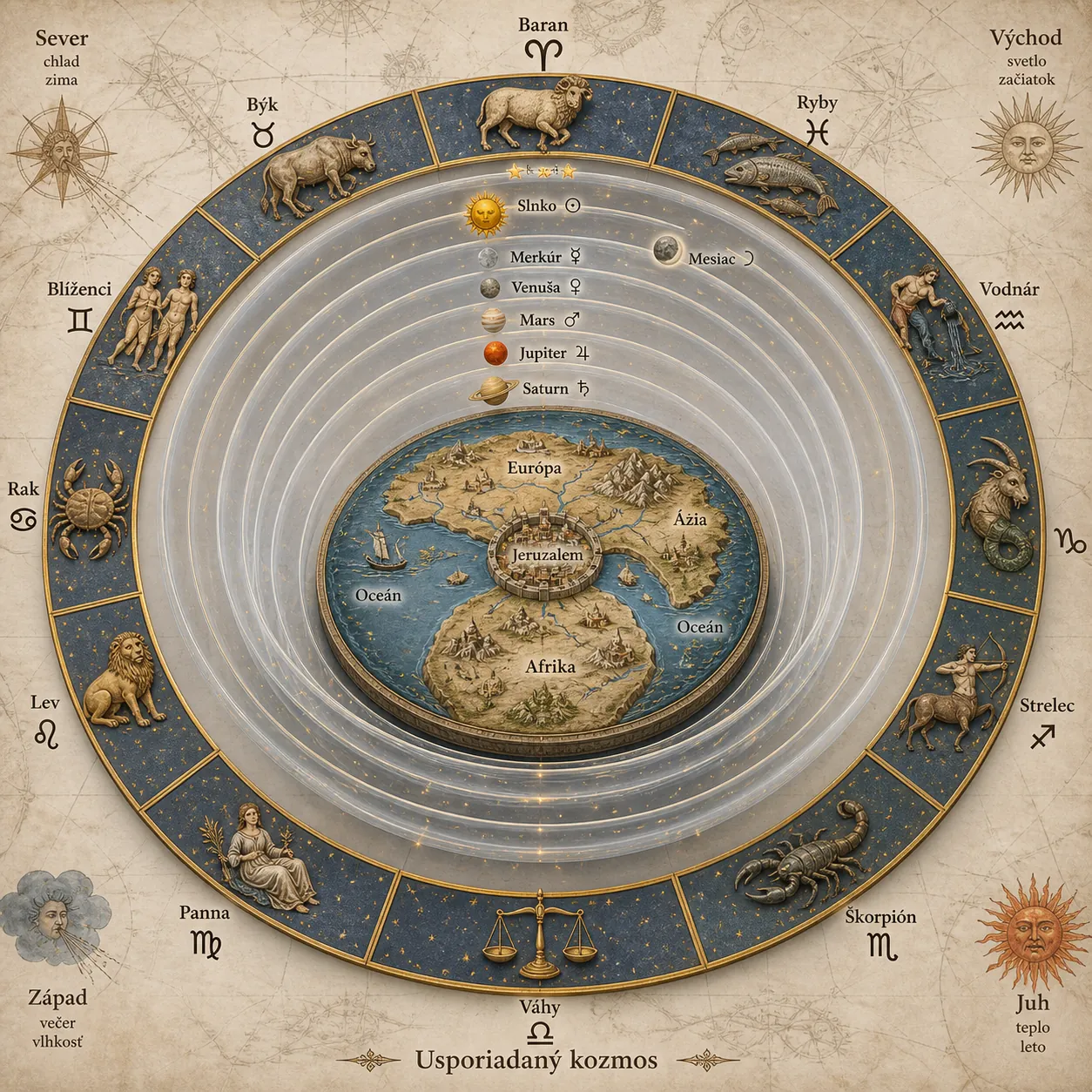 medieval world map with zodiac symbols and celestial spheres
