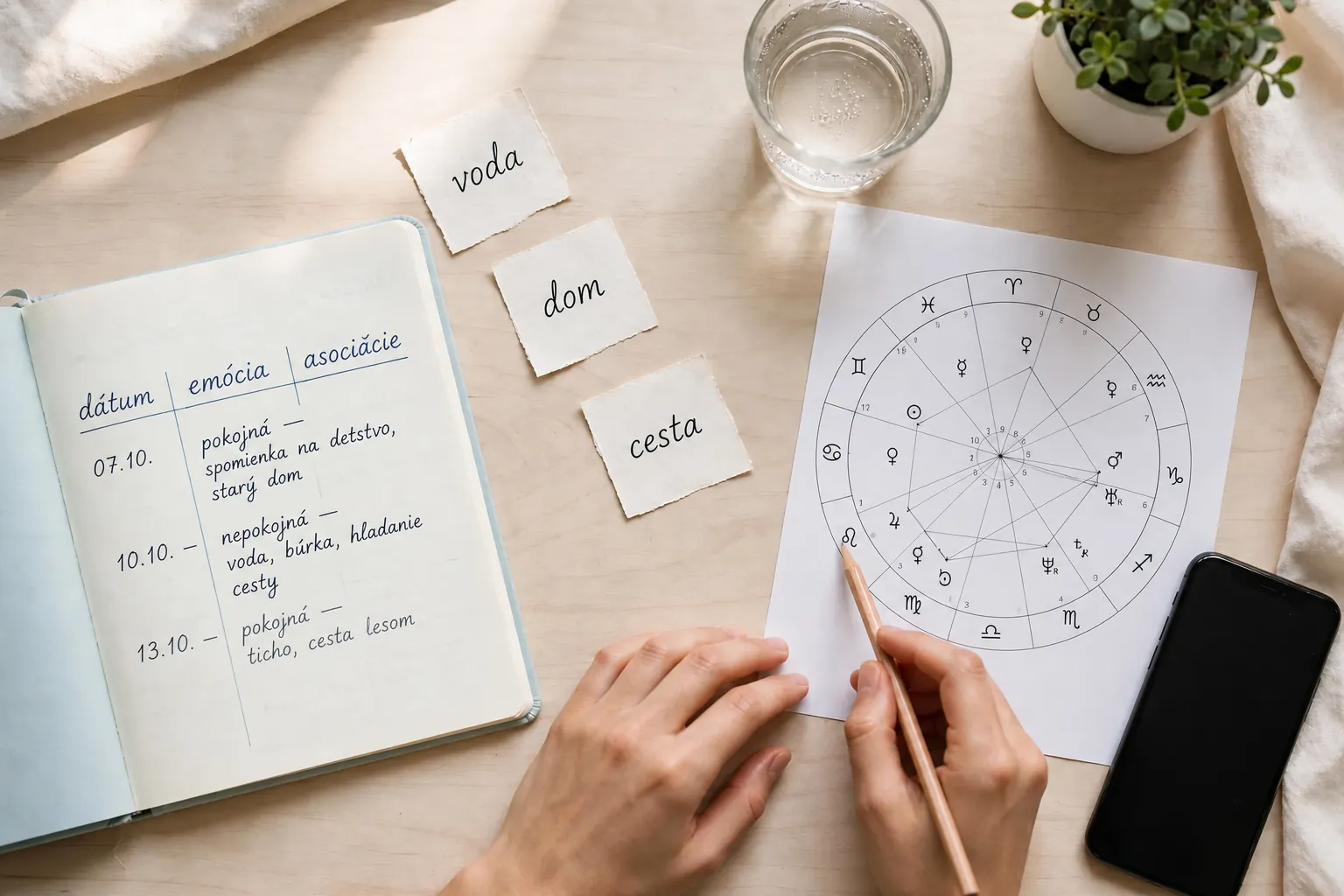 bright personal dream reflection workspace with natal chart notes