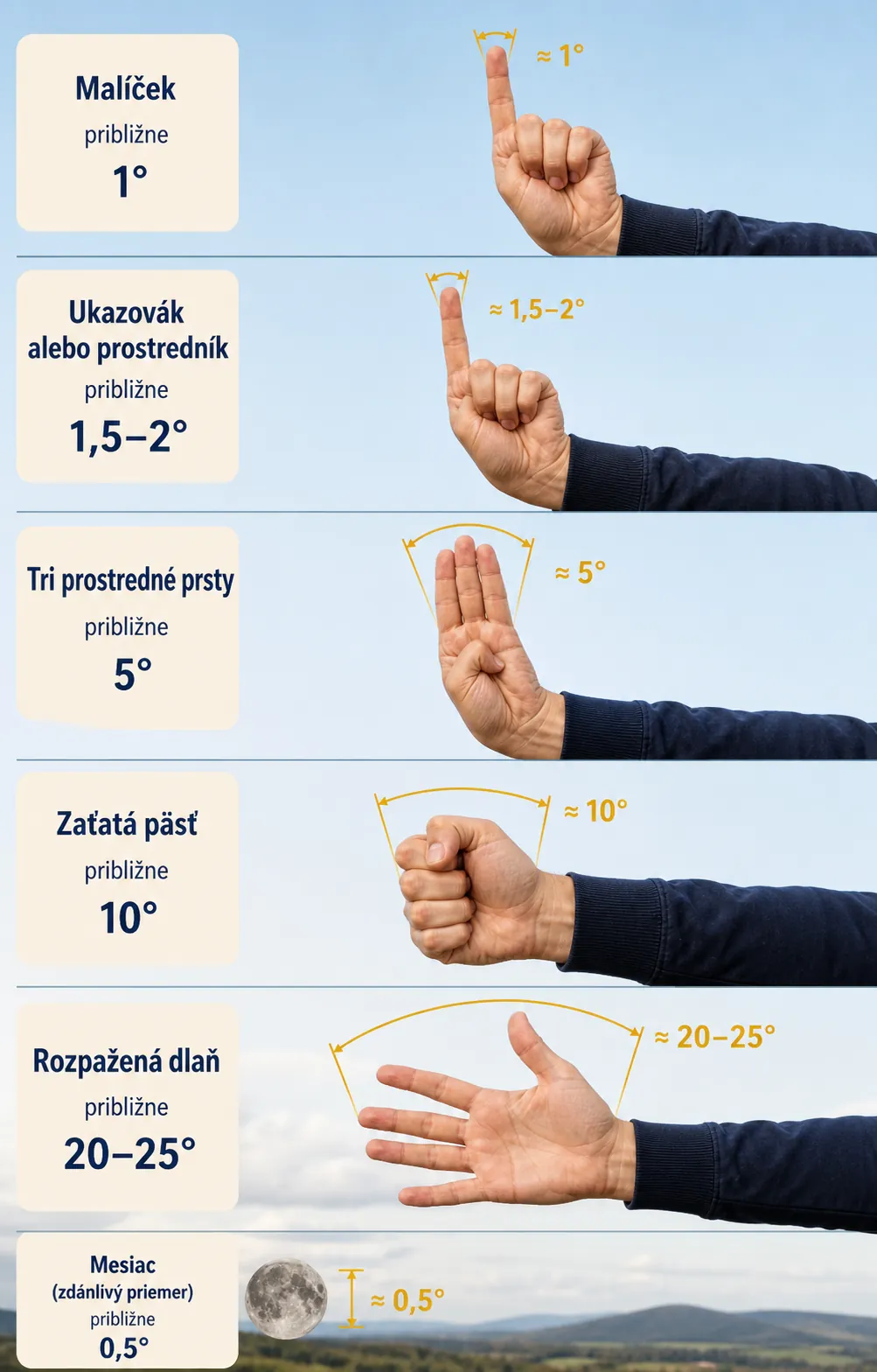 hand as an angular distance ruler against a clear sky