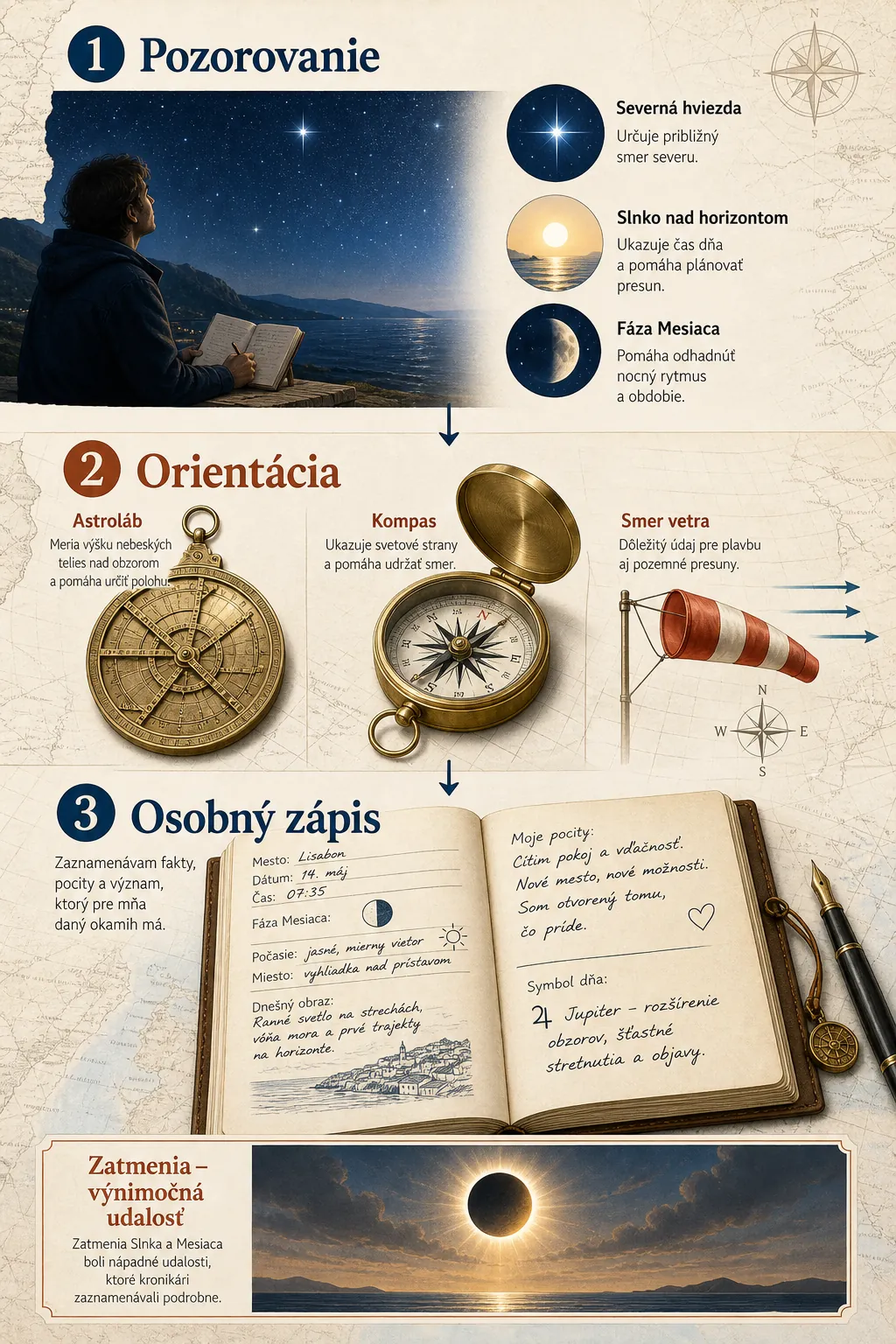 bright editorial infographic showing celestial navigation tools and sky observations