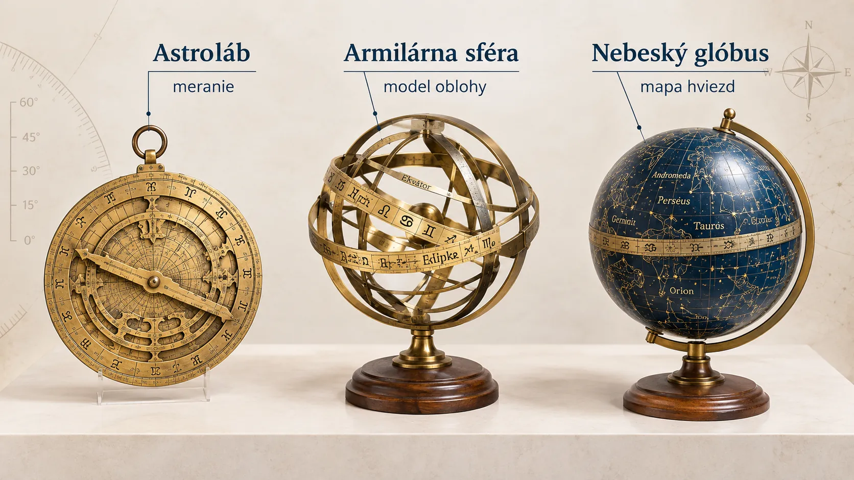 historic astronomical instruments in a bright museum display