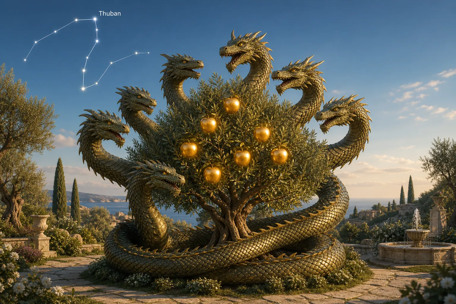 Greek myth of Ladon as a celestial dragon guarding golden apples