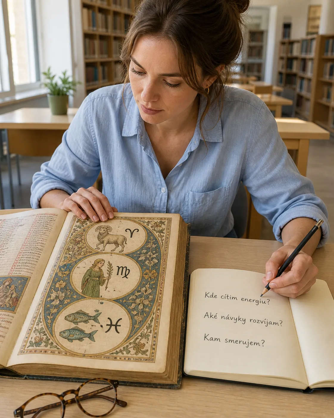 modern reader studying historical zodiac illustration in a library