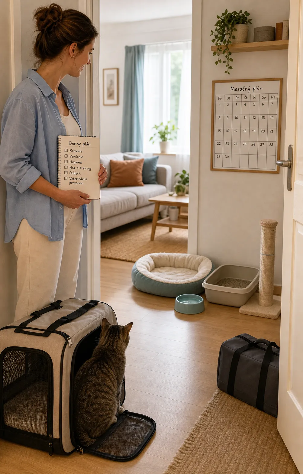 person welcoming an adopted dog into a bright home