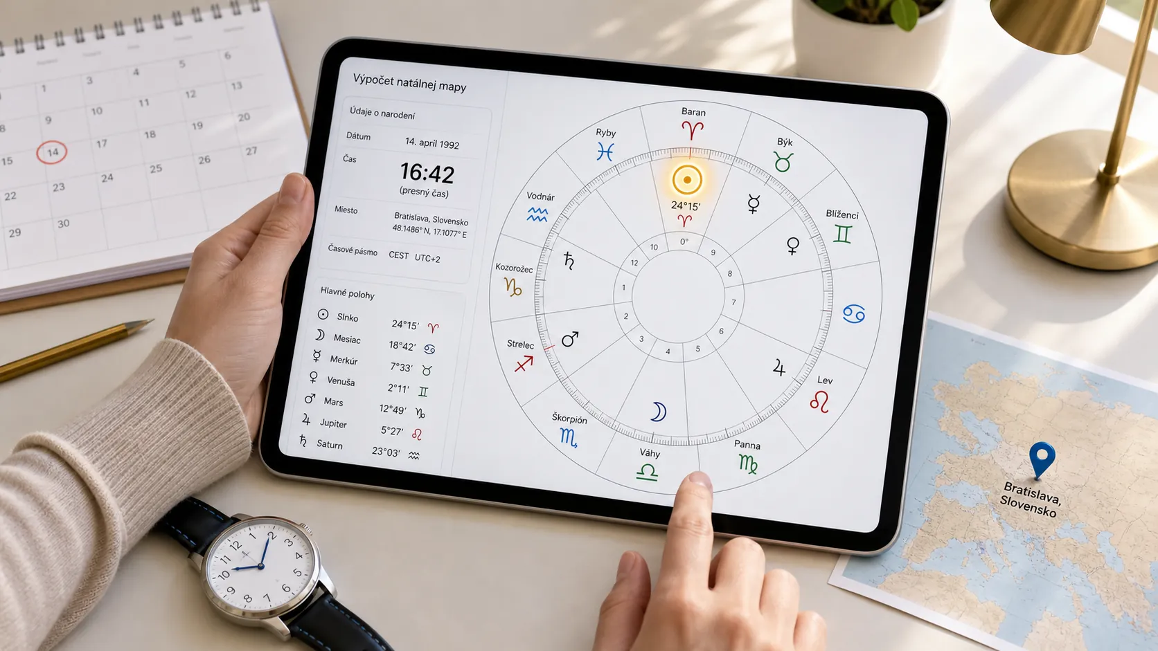 person checking an exact birth chart on a tablet