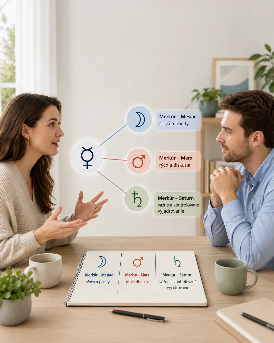 partners discussing different communication styles shown by Mercury aspects