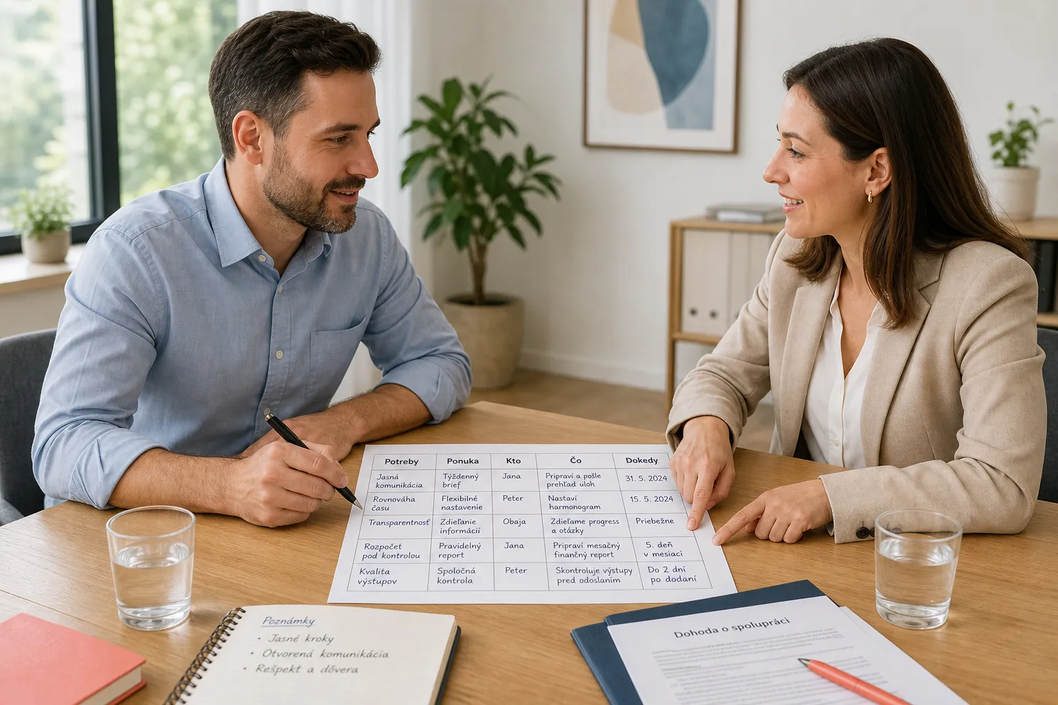 two people reaching a written agreement in a bright meeting room
