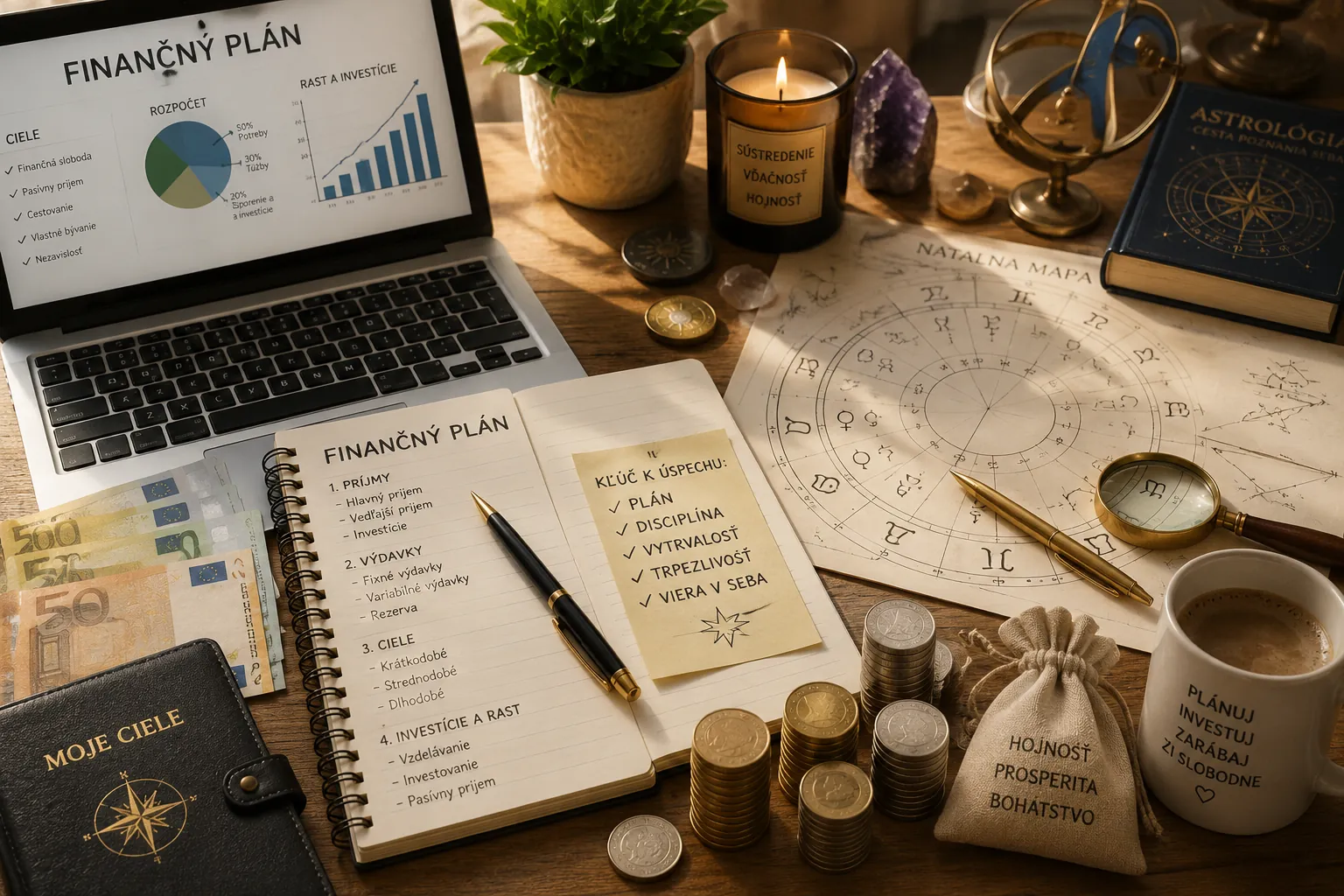 pracovný stôl s finančným plánom, mincami a astrologickou mapou
