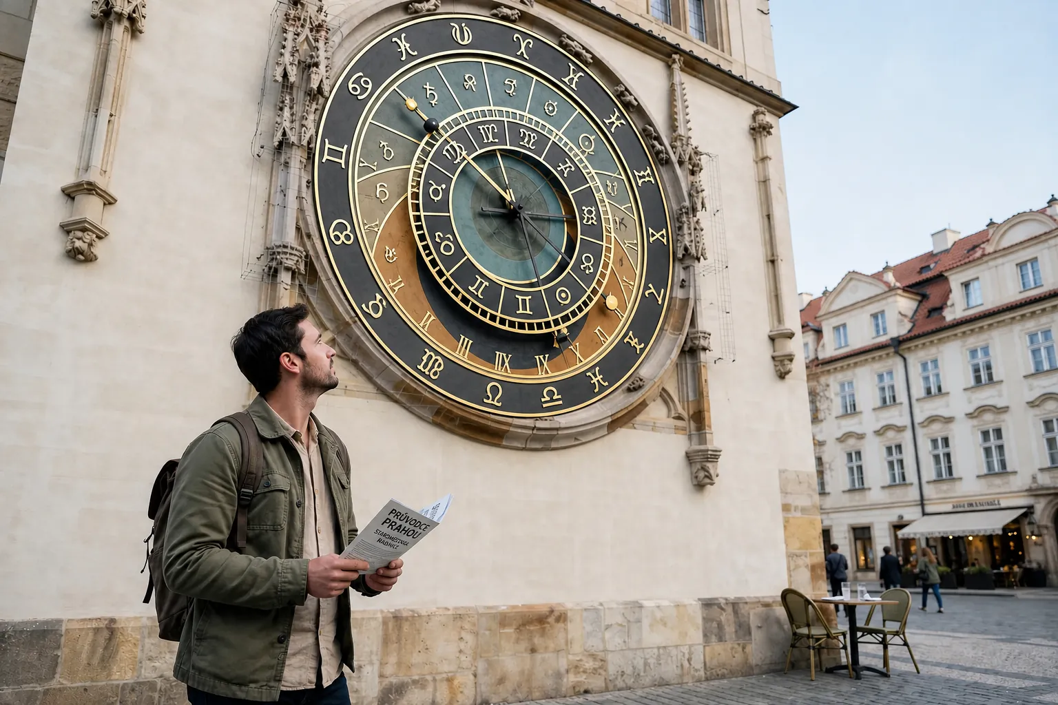 bright editorial photograph of a traveler studying an astronomical clock in Prague