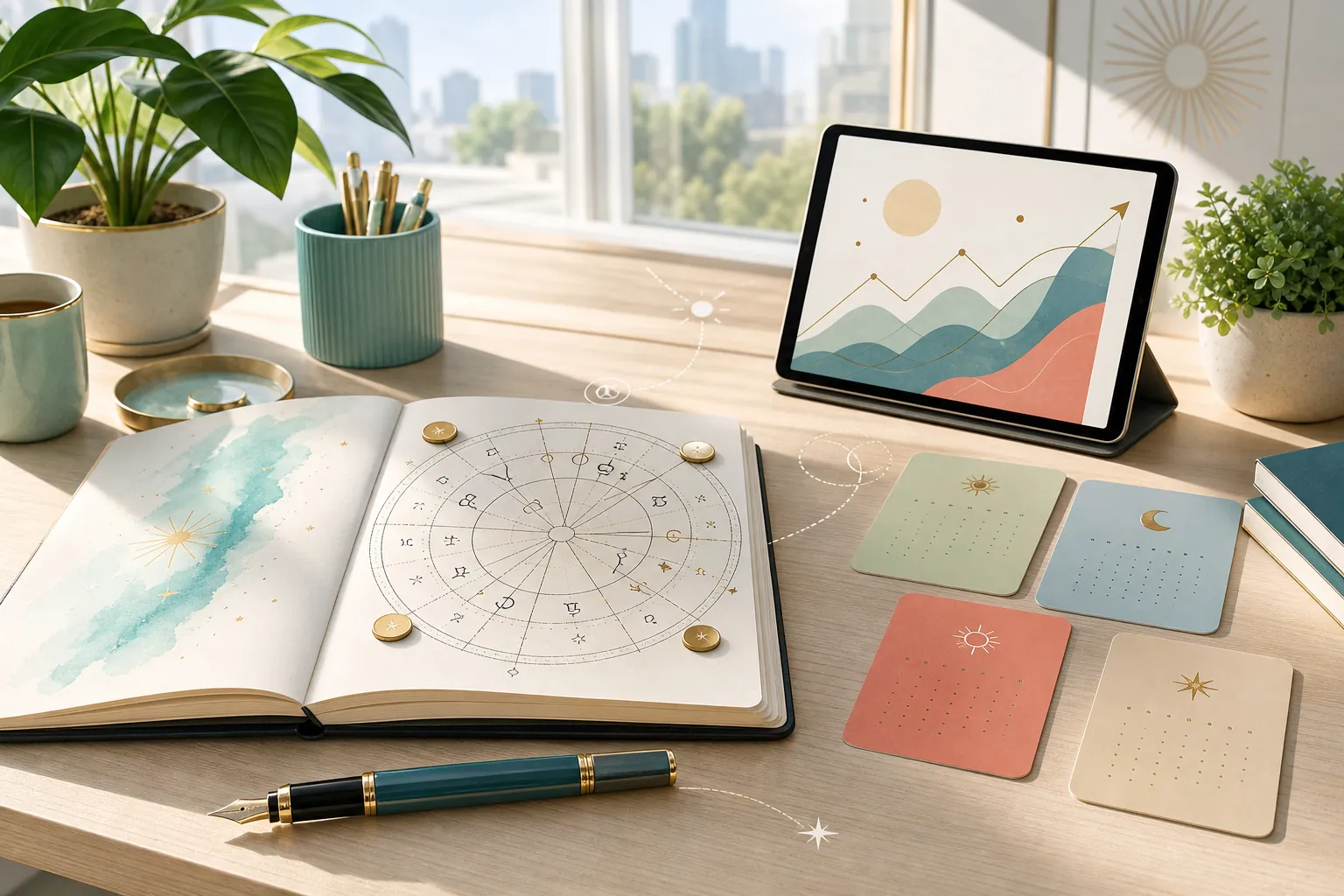 pracovný stôl doplnený astrologickou mapou a symbolmi úspechu