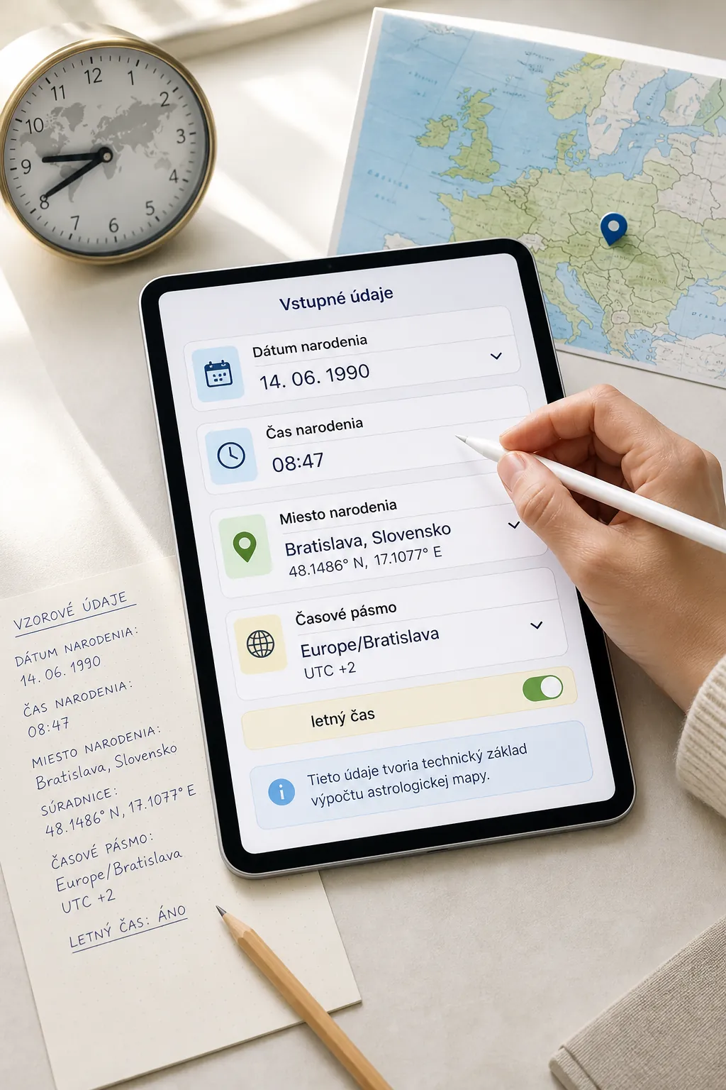 birth data entering an astrology app with world clock and map