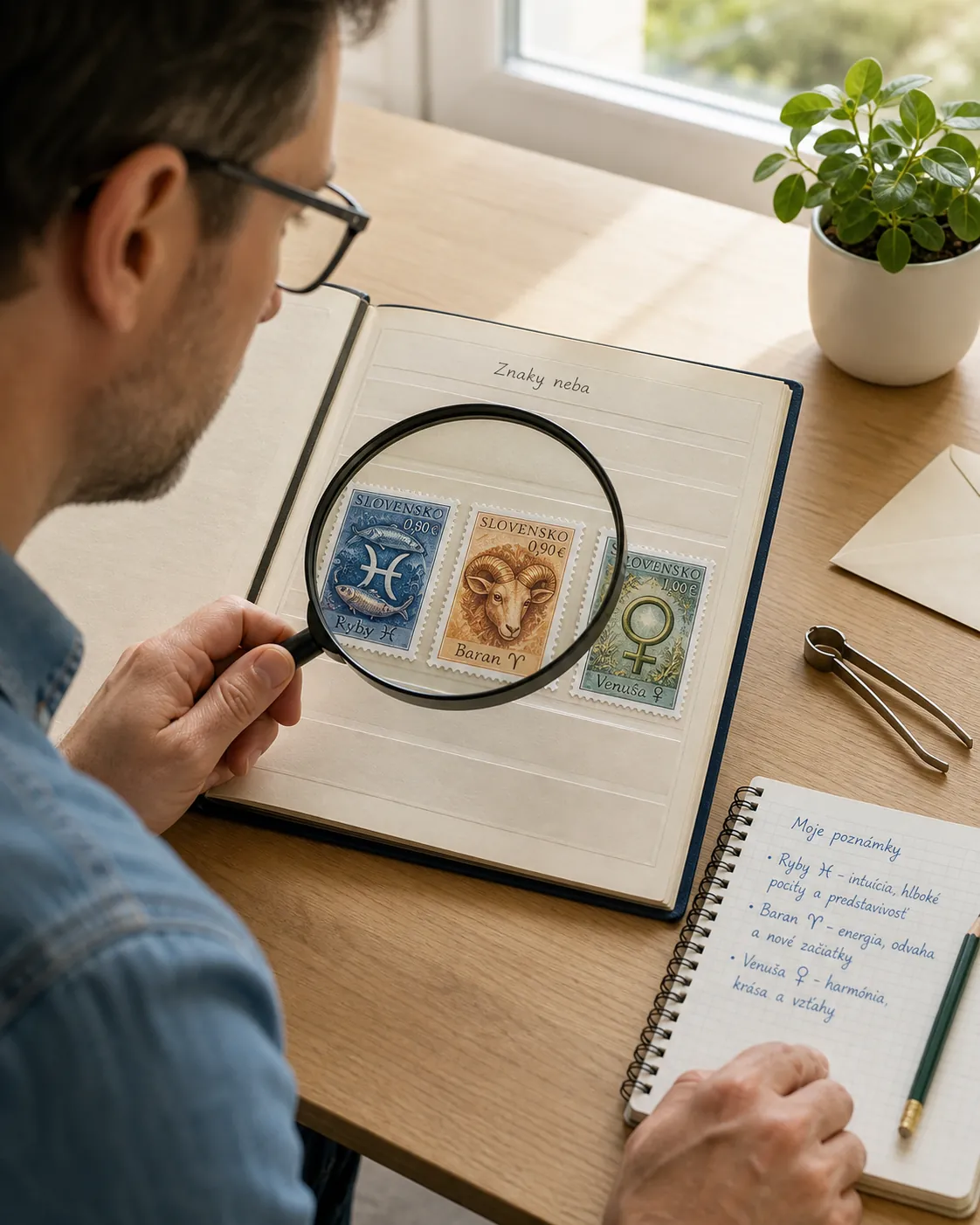 person examining zodiac stamps with magnifying glass at a bright desk