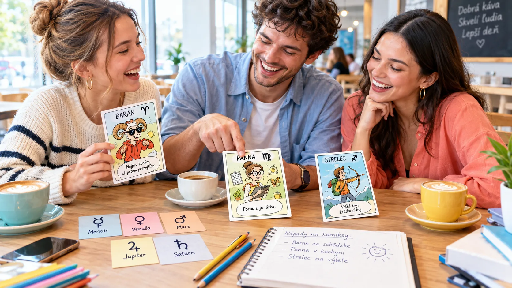 friends laughing over zodiac-themed comic cards in a bright cafe