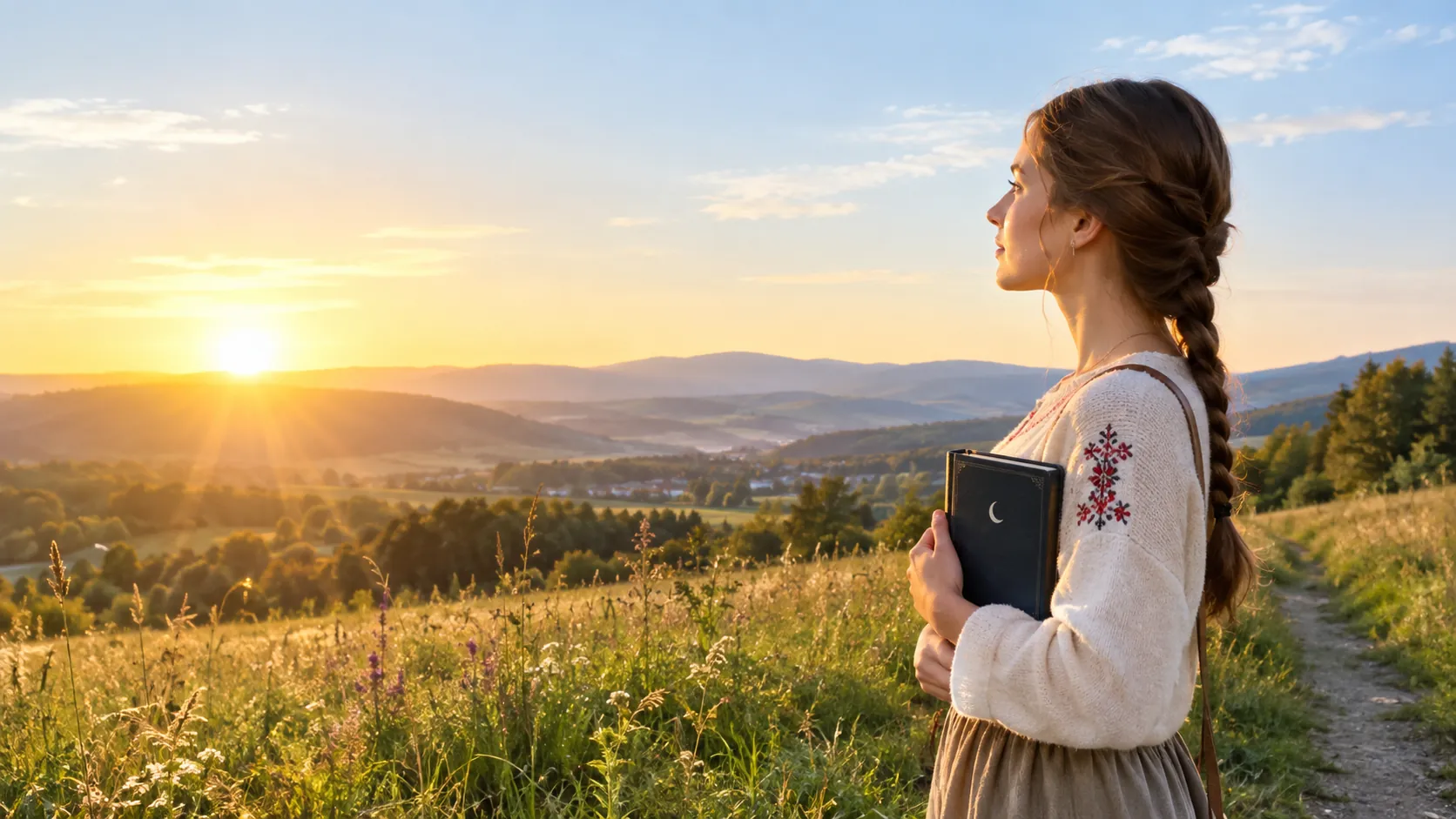 folk singer at sunrise with sun and moon symbolism