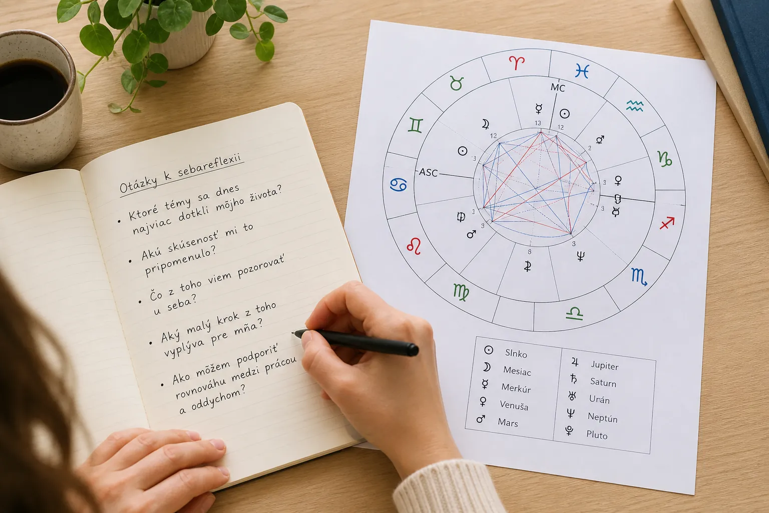 person writing reflective questions beside a natal chart