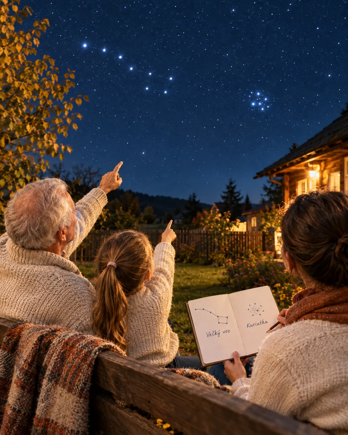 family sharing Slovak folk sky stories under autumn stars