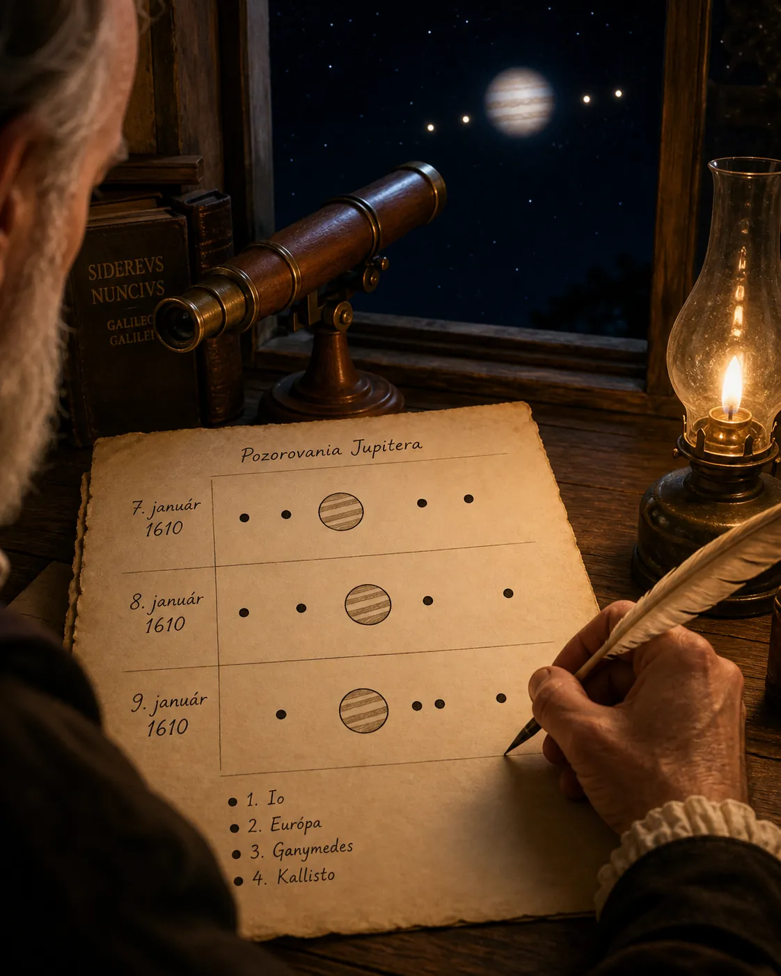 Galileo observing Jupiter and its four moons
