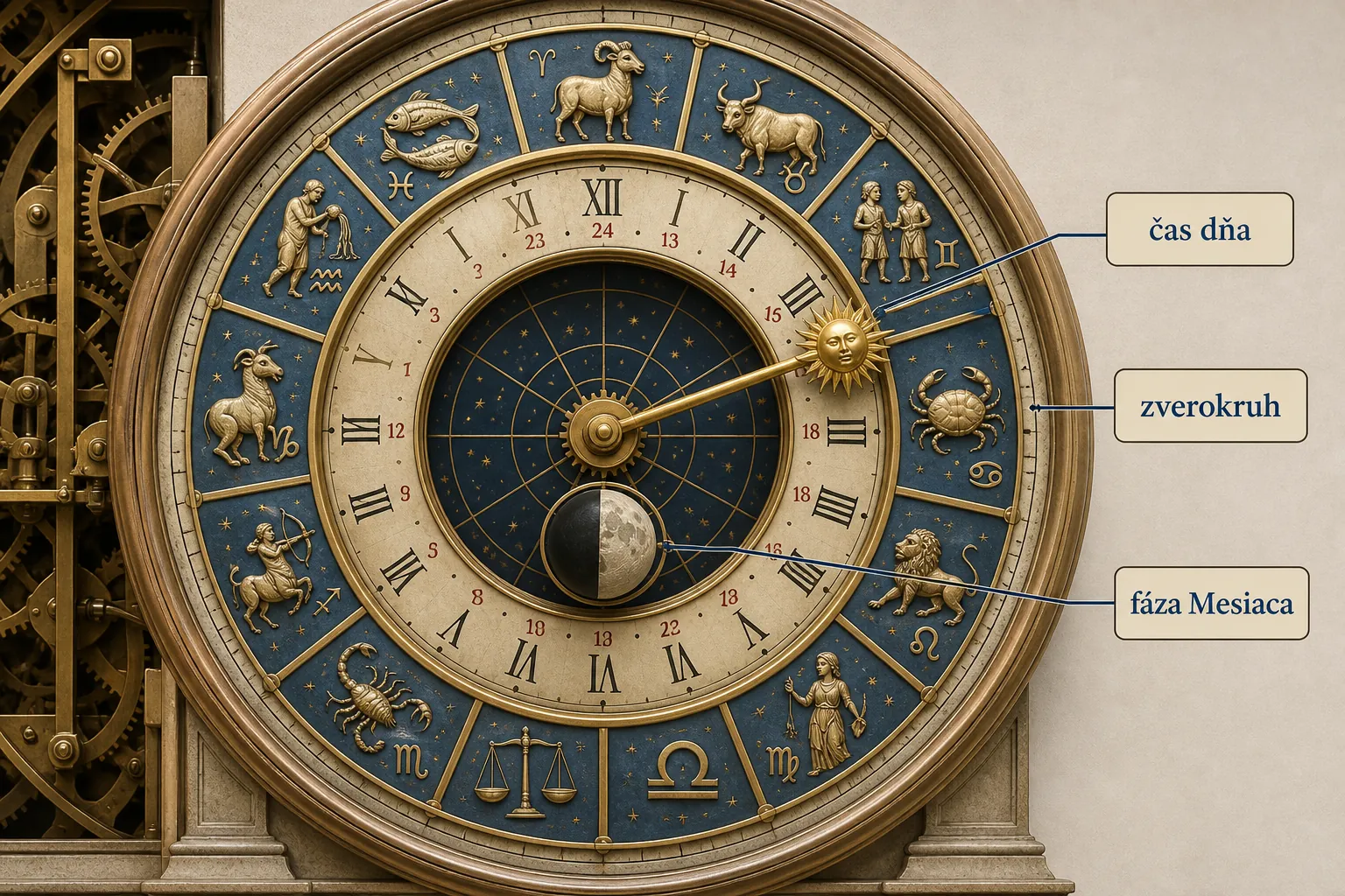 historic astronomical clock showing sun moon and zodiac