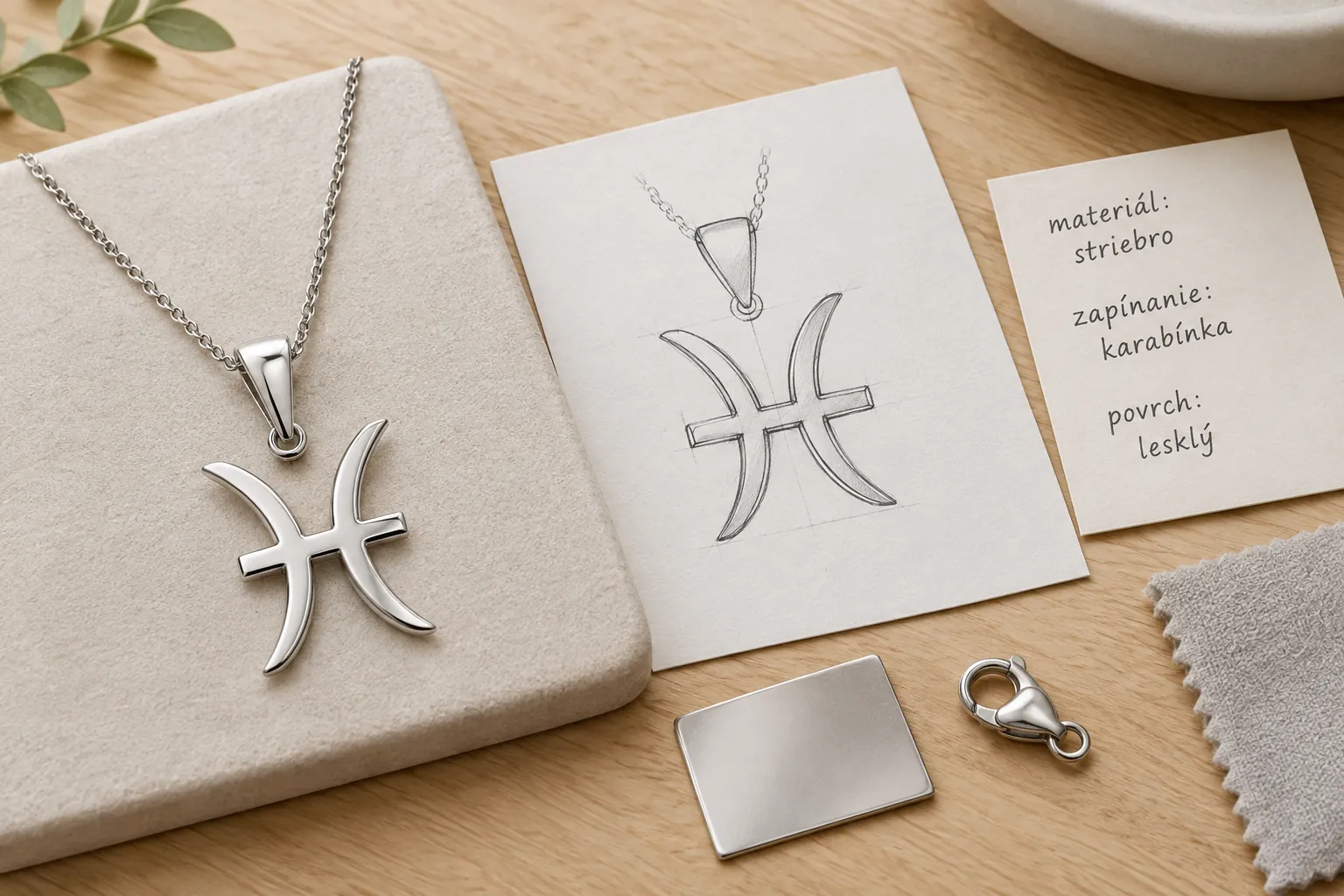 zodiac jewelry displayed beside design notes and material samples
