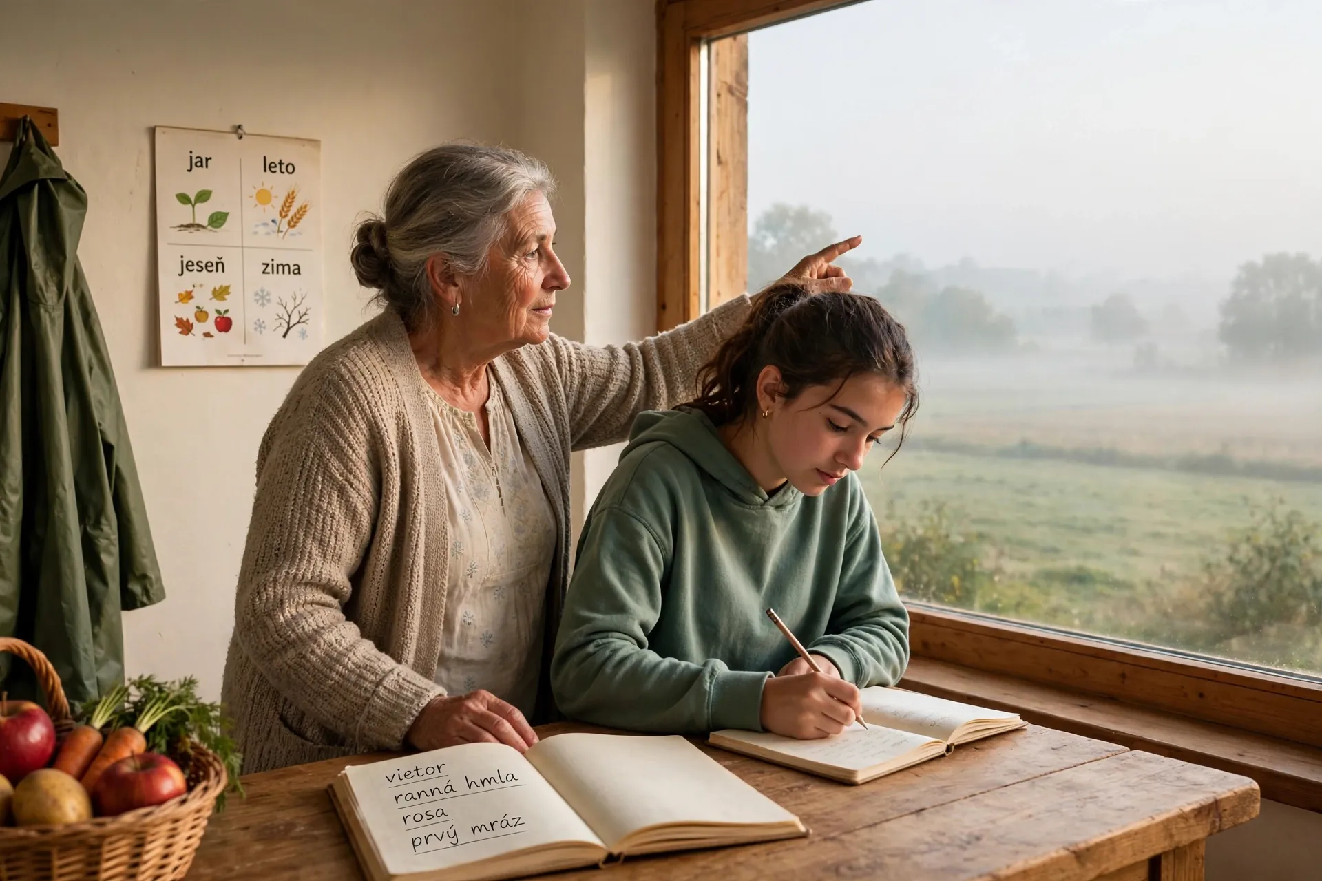 family recording weather observations in a Slovak countryside kitchen