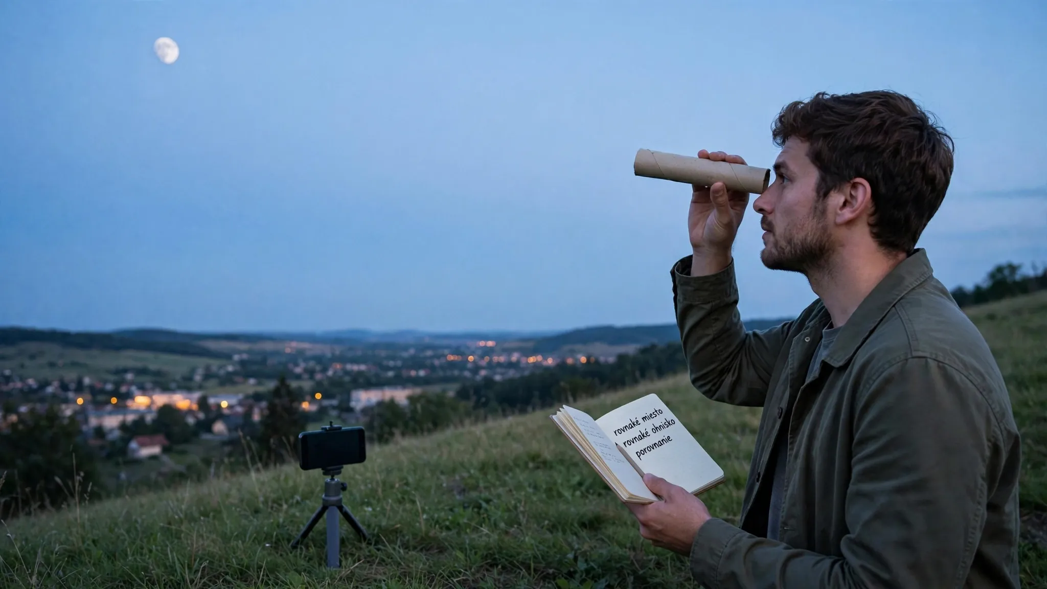 person measuring the Moon with a paper tube