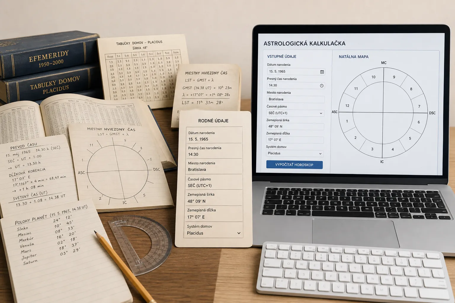 comparison of handwritten natal chart and modern digital calculator