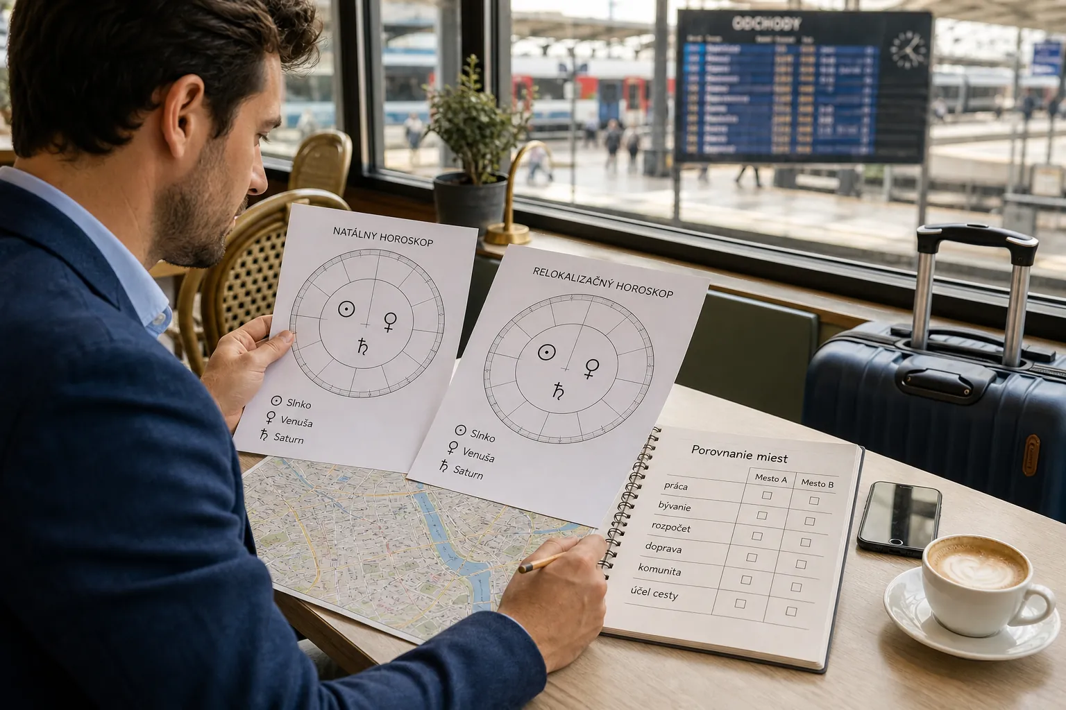 traveler comparing a birth chart with a city map