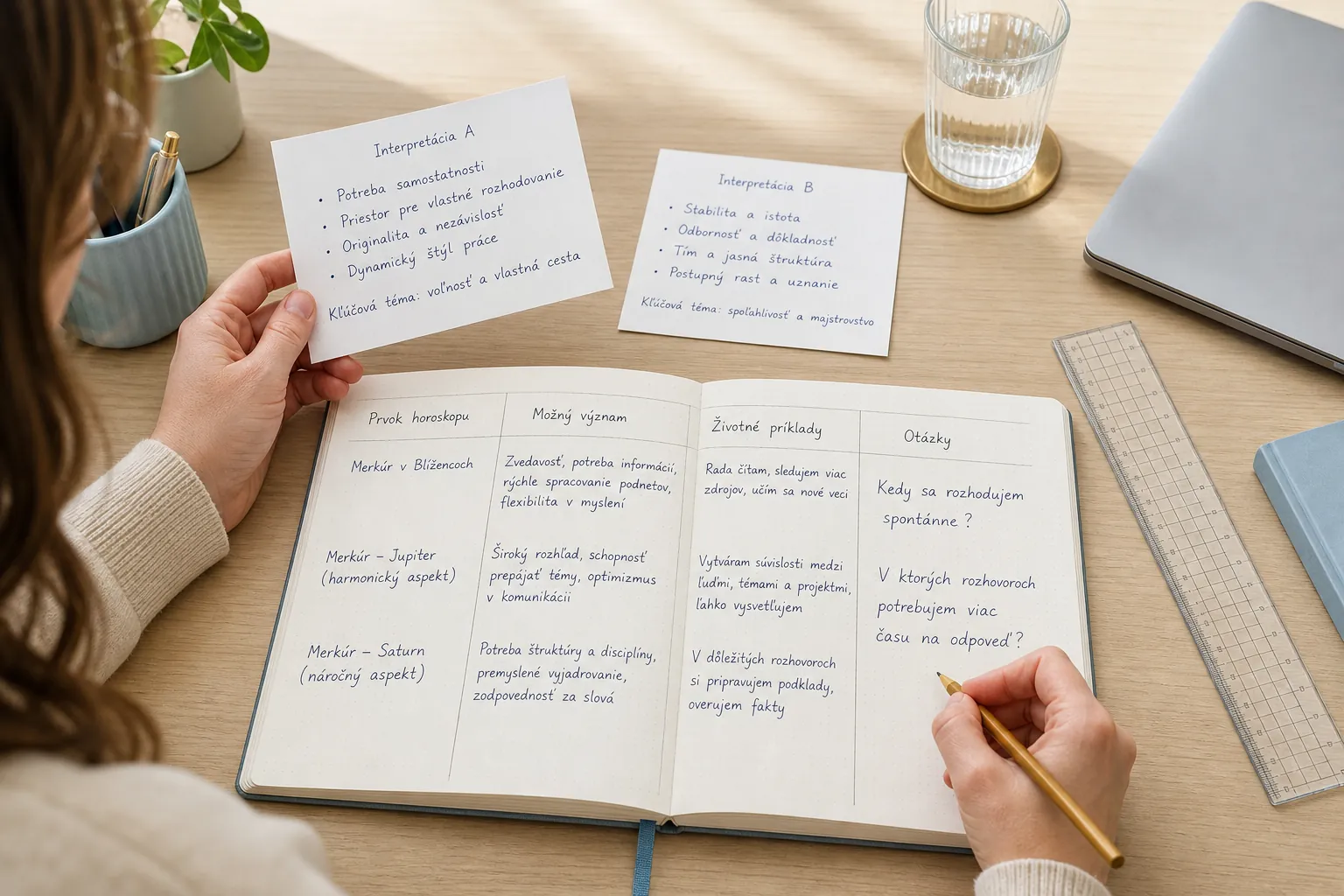 person comparing horoscope interpretation notes at a desk