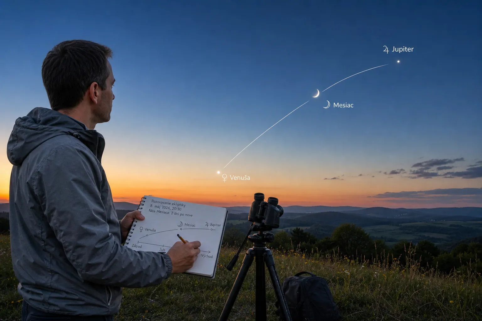 observer tracing the ecliptic with moon and bright planets