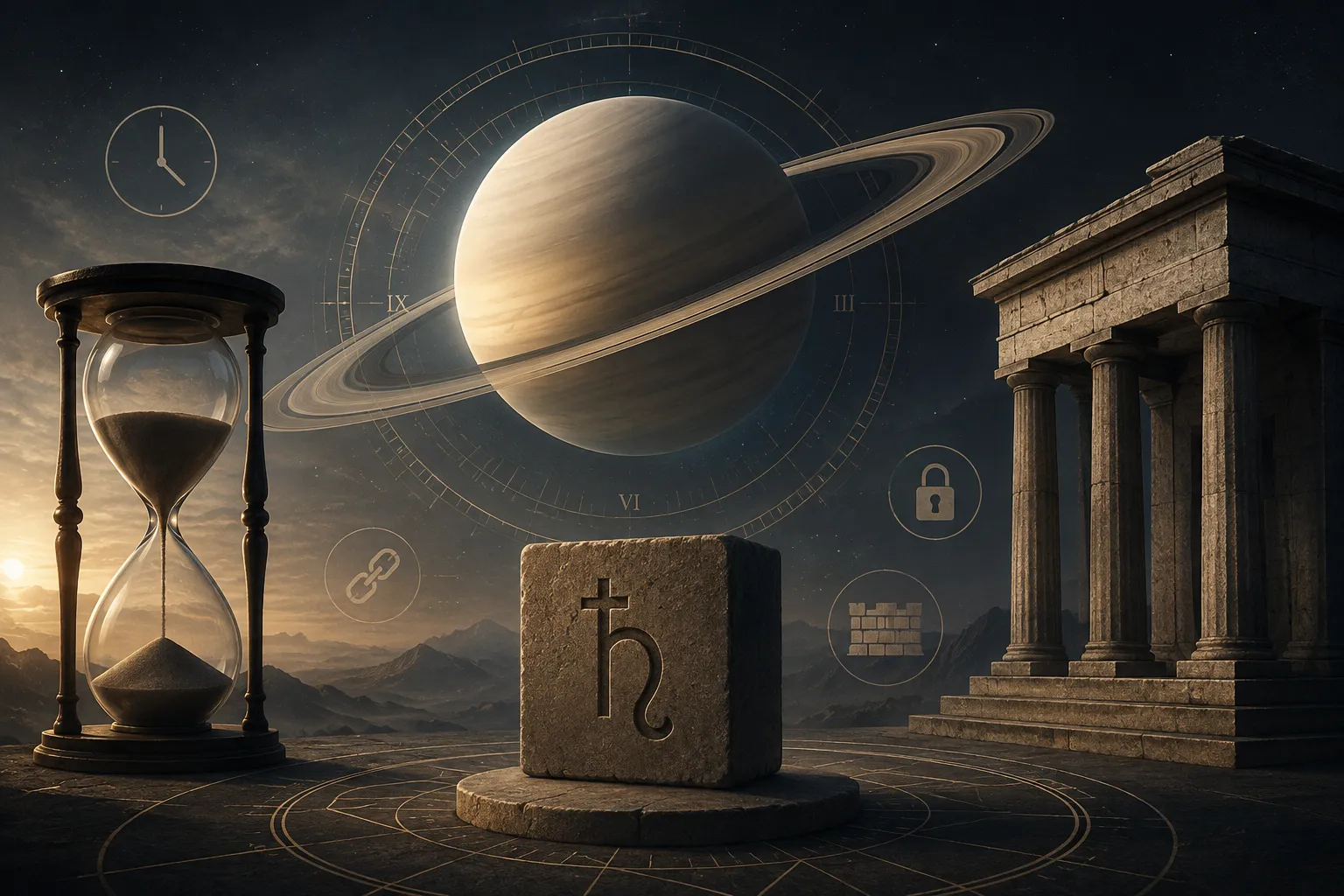 Saturn so symbolmi času hraníc a pevnej stavby