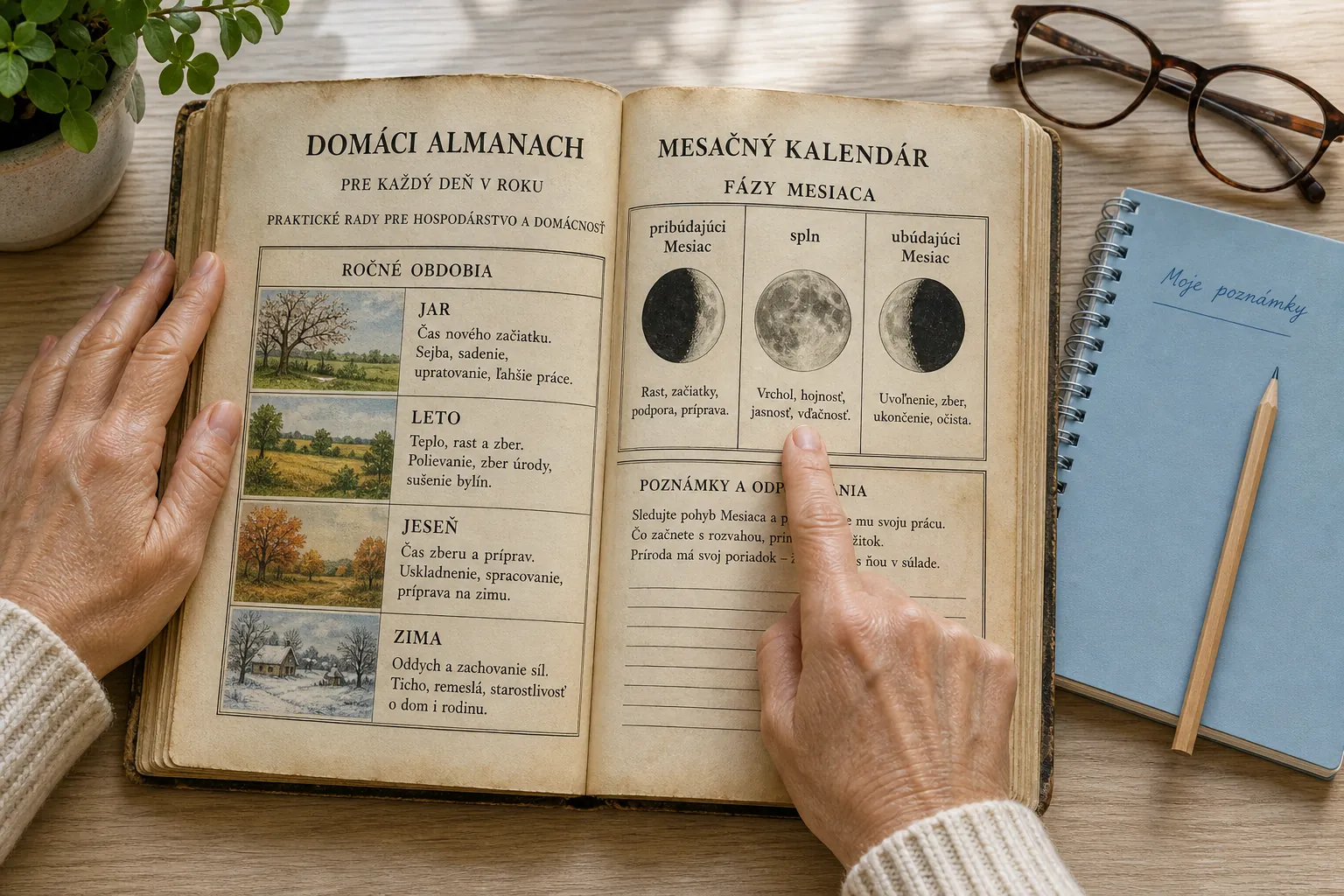 bright historical almanac with moon phases and seasonal notes