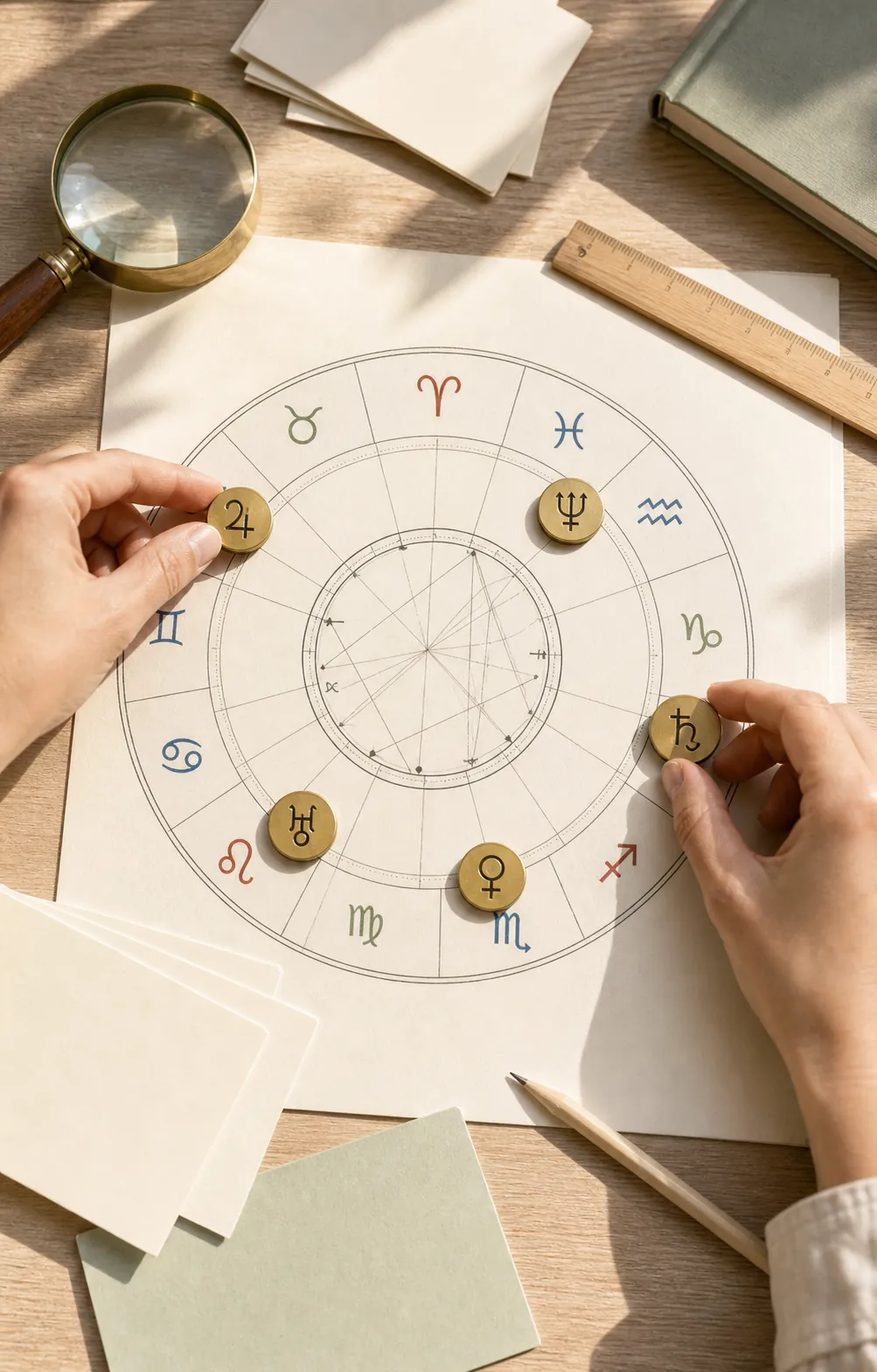 person studying a natal chart at a bright desk